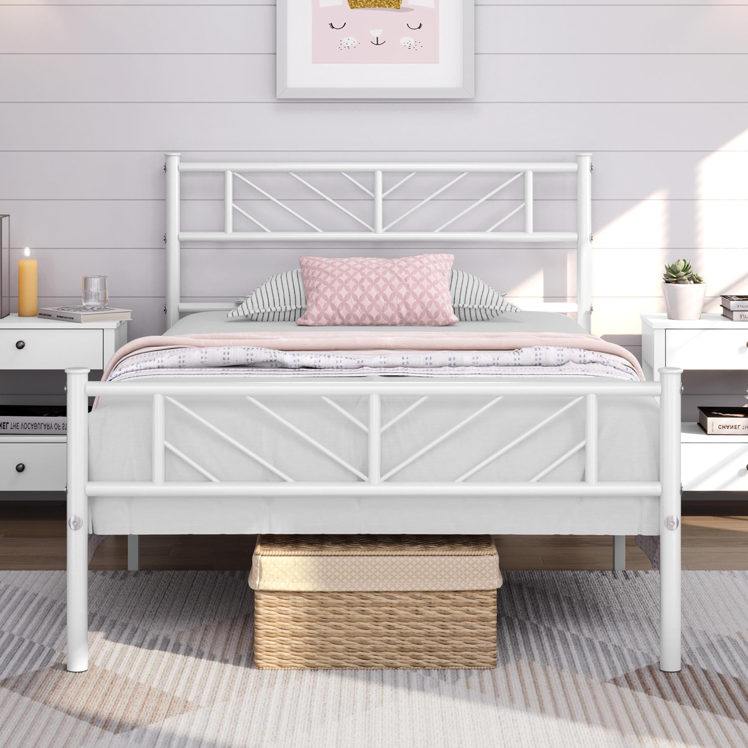 Yaheetech Twin XL Size Platform Bed Frame with Arrow Design Headboard, 13 Inches Metal Mattress Foundation for Storage, No Box Spring Needed, Easy Assembly, Modern, White