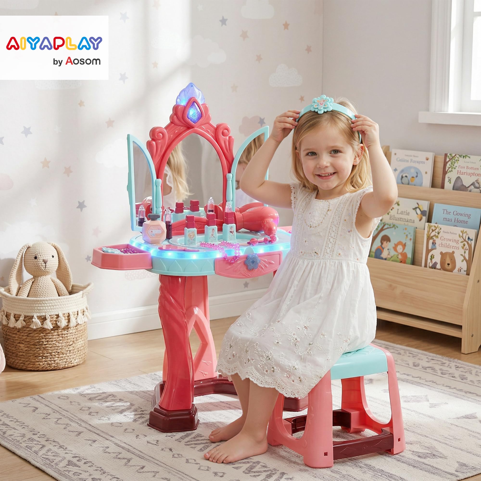 AIYAPLAY Tocador de Juguete para Niñas +3 Años con Taburete Espejo Luz Música Secador 31 Accesorios 57x34x76 cm Multicolor
