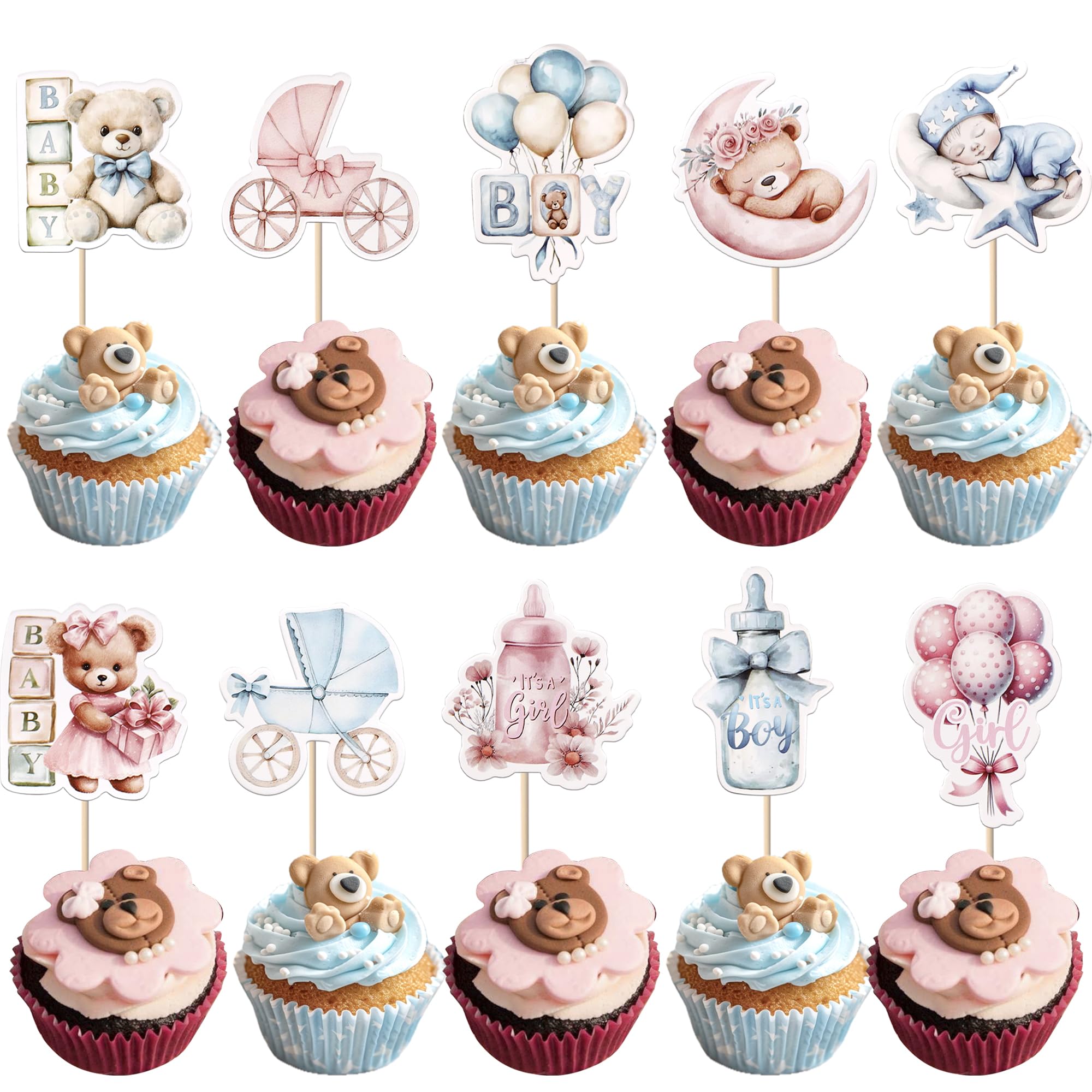 SYKYCTCY 40 Pack Baby Bear Cupcake Toppers with Pink Moon Baby Stroller Bottle Balloon Cupcake Picks Gender Reveal Cake Decorations for Boys Girls Baby Shower Birthday Party Supplies