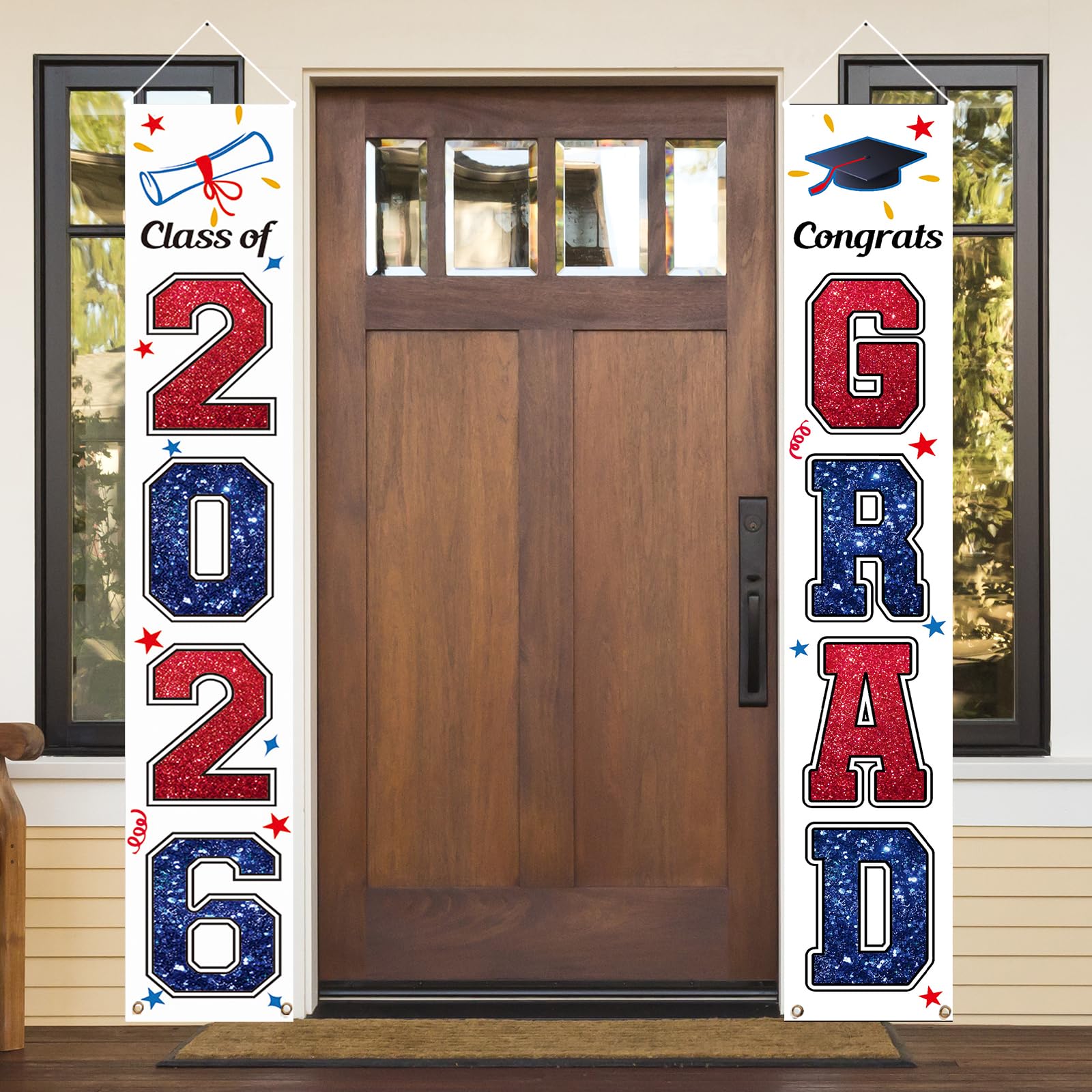 Photo 1 of KMUYSL Graduation Decorations Class of 2026, Red & Blue Congrats Grad Banner Hanging Flags Porch Sign, 2026 Graduation Decorations Party Supplies for Any School Indoor/Outdoor Decor