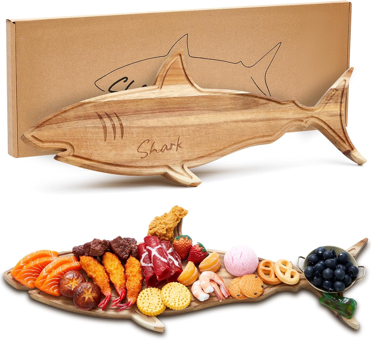 Maxcheck Funny Shark Charcuterie Board for Cutting Serving Cheese Meat Housewarming Gift Acacia Wood Decorative Charcuterie Board for Kitchen Birthday Xmas Wedding Parties, 24 x 9.1 x 0.6"(Classic)