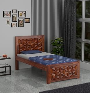 Solid Wood Single Bed for Bedroom | Wooden Cot Bed with Geometric Carved Headboard & Footboard | Modern Sheesham Style Bed Frame for Home & Guest Room (Honey Finish)