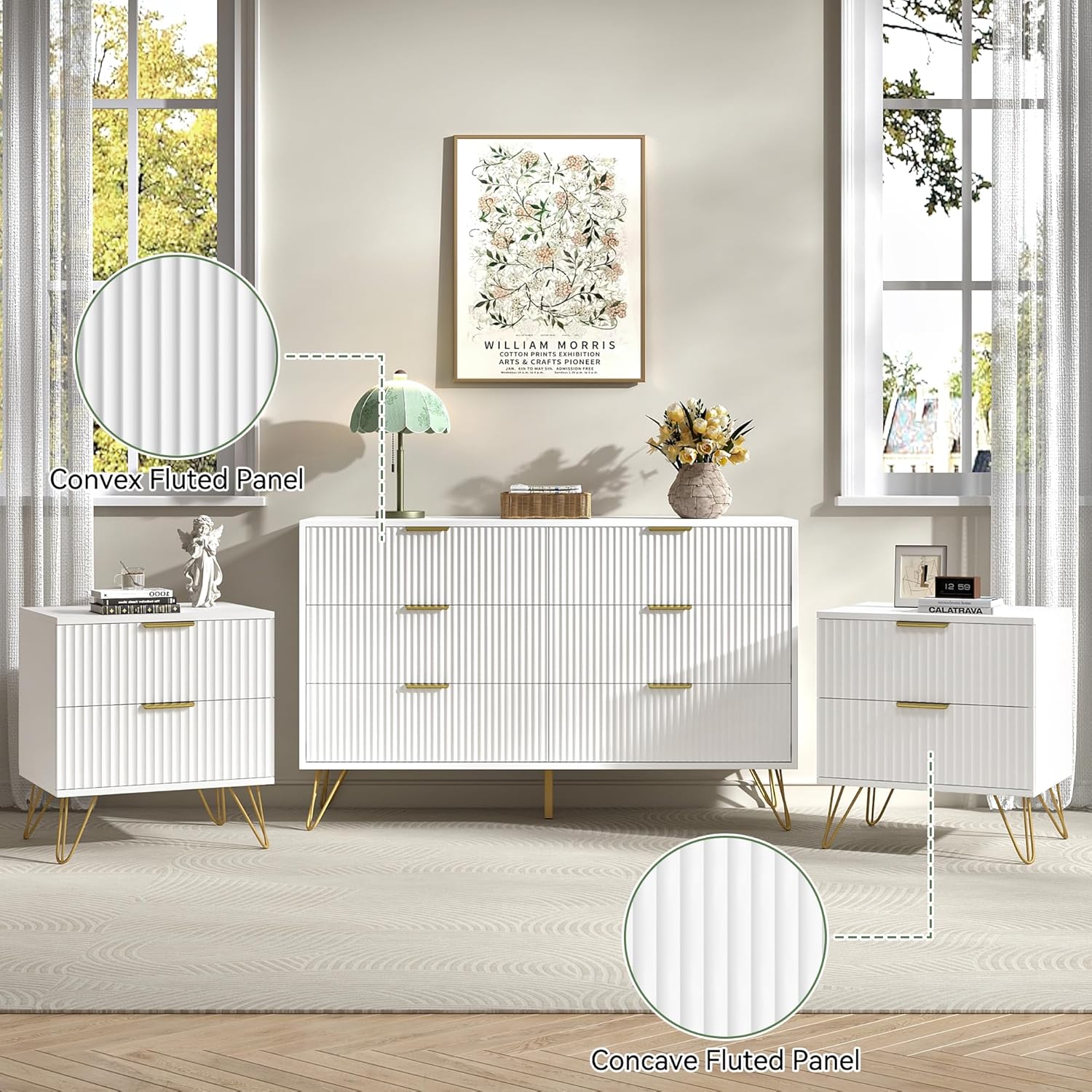 White 6 Drawer Dresser and Nightstand Sets for Bedroom, 3 Pcs Fluted Bedroom Set，Night Stand Set of 2 & 6 Drawer Dresser with Golden Handles, Wood Chest of Drawers Storage Cabinet Set