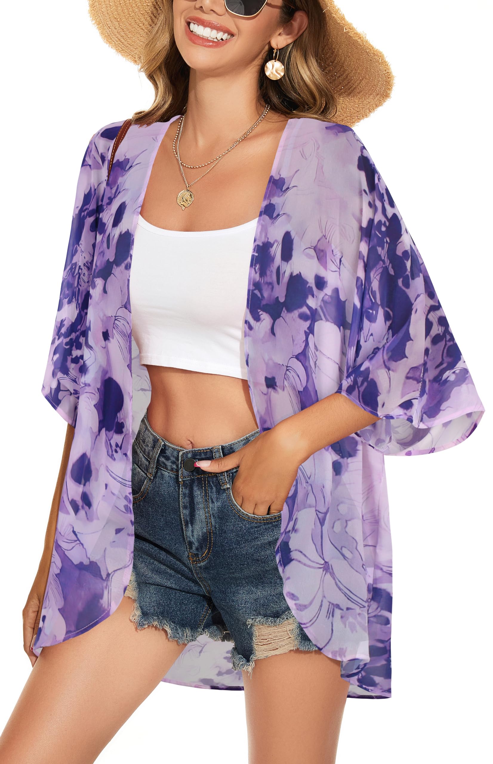 ADOREJOY Women's Tops Summer Kimono Cardigan Floral Print Puff Sleeve Swimsuit Cover Up Casual Loose Fit Blouse — view 24