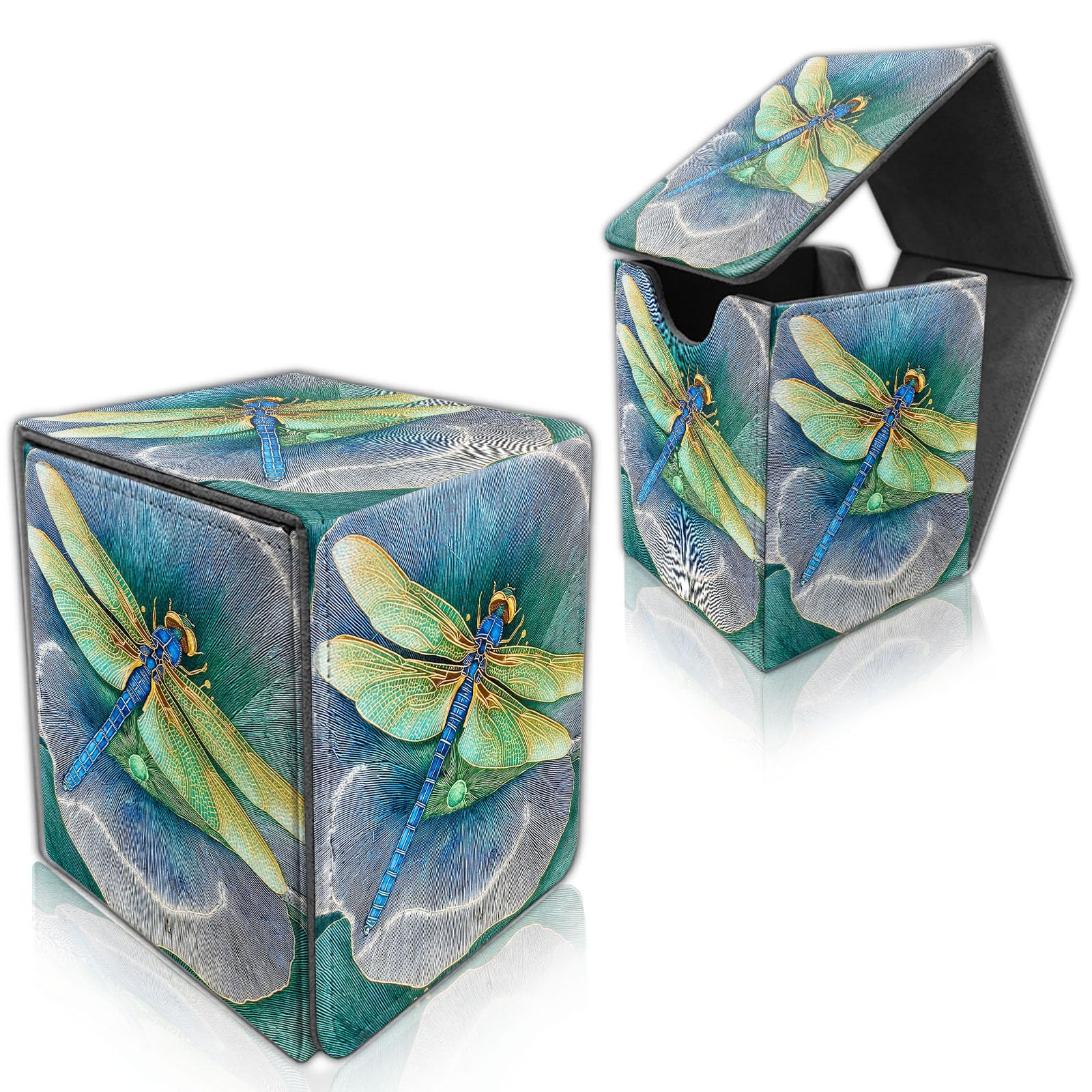 DISUOFEART for MTG Deck Box, Trading Card Storage Case Holds 100+ Sleeved Cards, Blue Dragonfly Rest on Flower Magnetic Closure Durable Deck Holder for Magic The Gathering, TCG & Commander