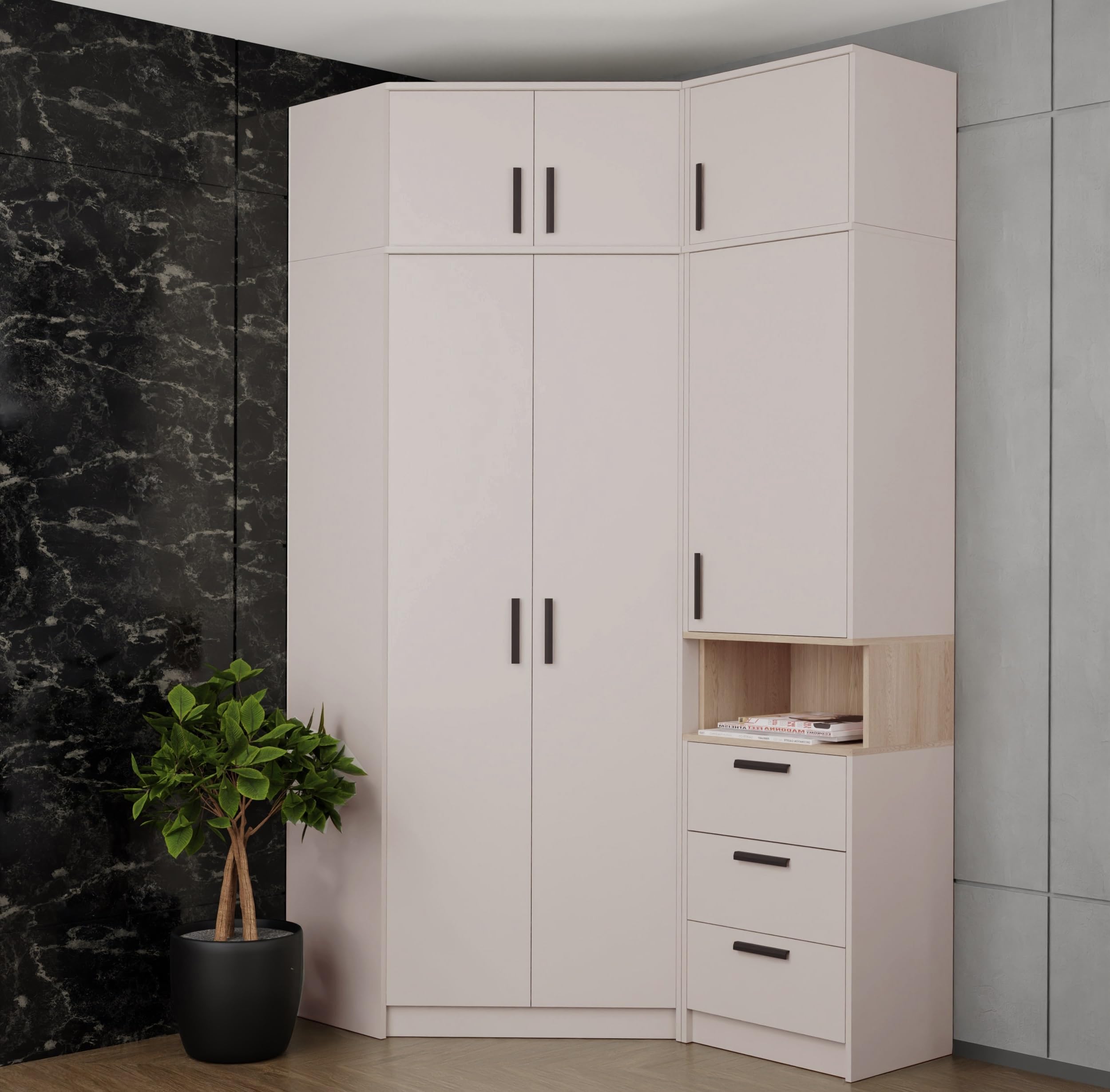 Eckkleiderschrank Set Gustavo 12 mit Schrankerweiterung 40 cm Eckschrank mit Regal Kleiderschrank Schlafzimmer Möbel Schrank Schlafzimmer Kinderzimmer CASCHMERE, Eiche Riviera