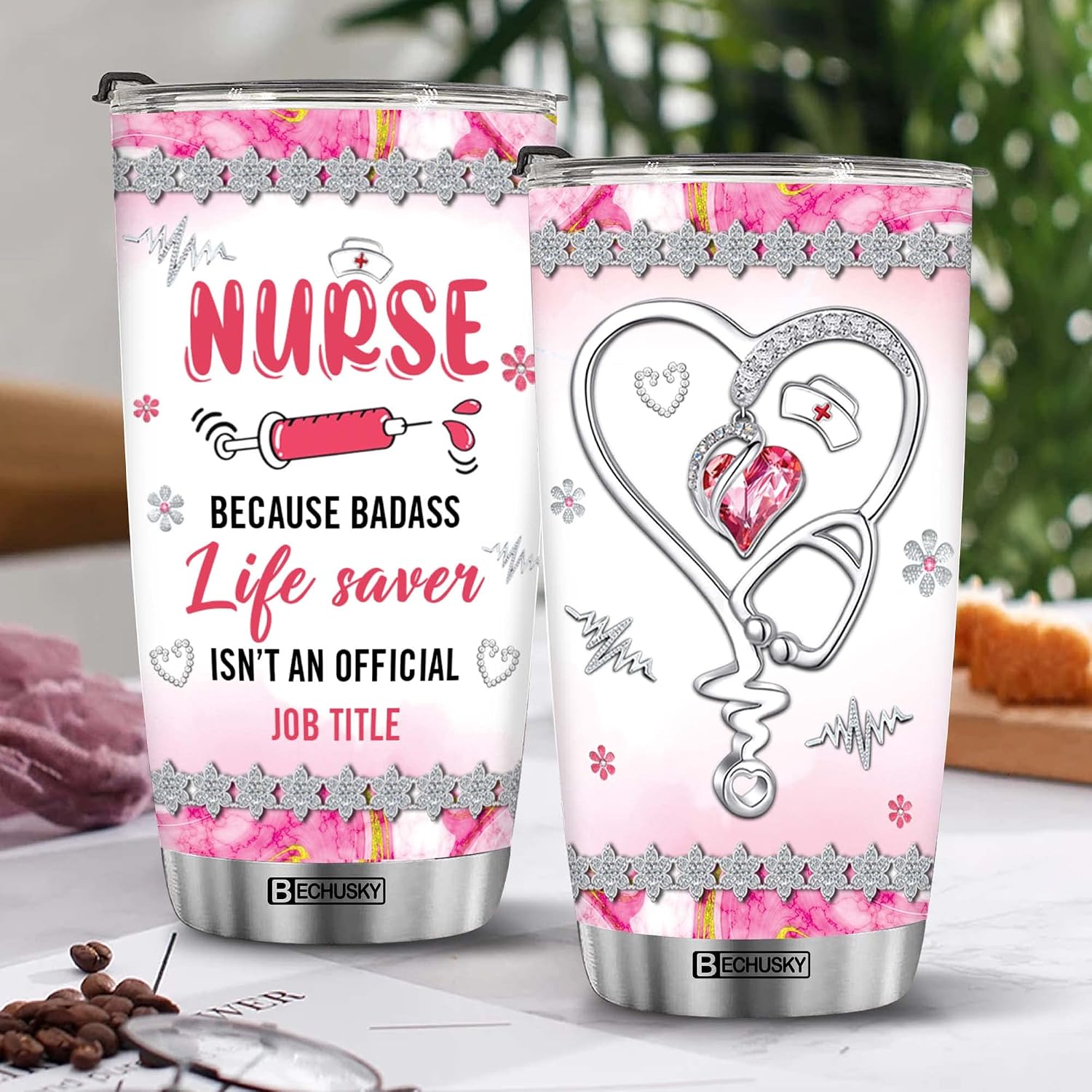 BECHUSKY Nurse Tumbler Because Life Saver Isn't An Official Job Heartbeat Stethoscope Jewelry 3D Tumbler Graduation Appreciation Gift For Woman Nursing RN LPN On Christmas Anniversary Birthday