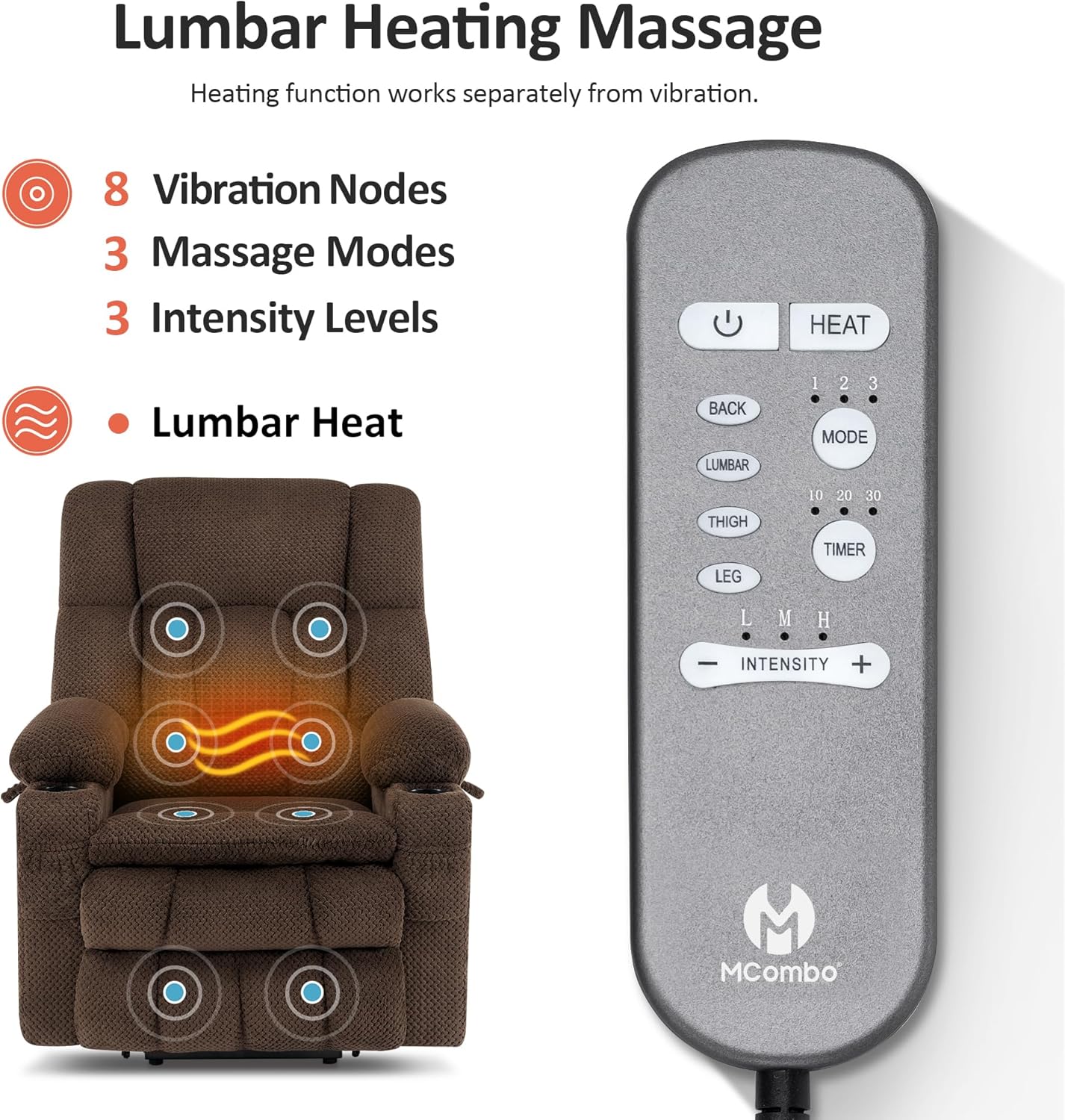 Remote control for massage and heat functions, with a diagram of vibration points on the chair