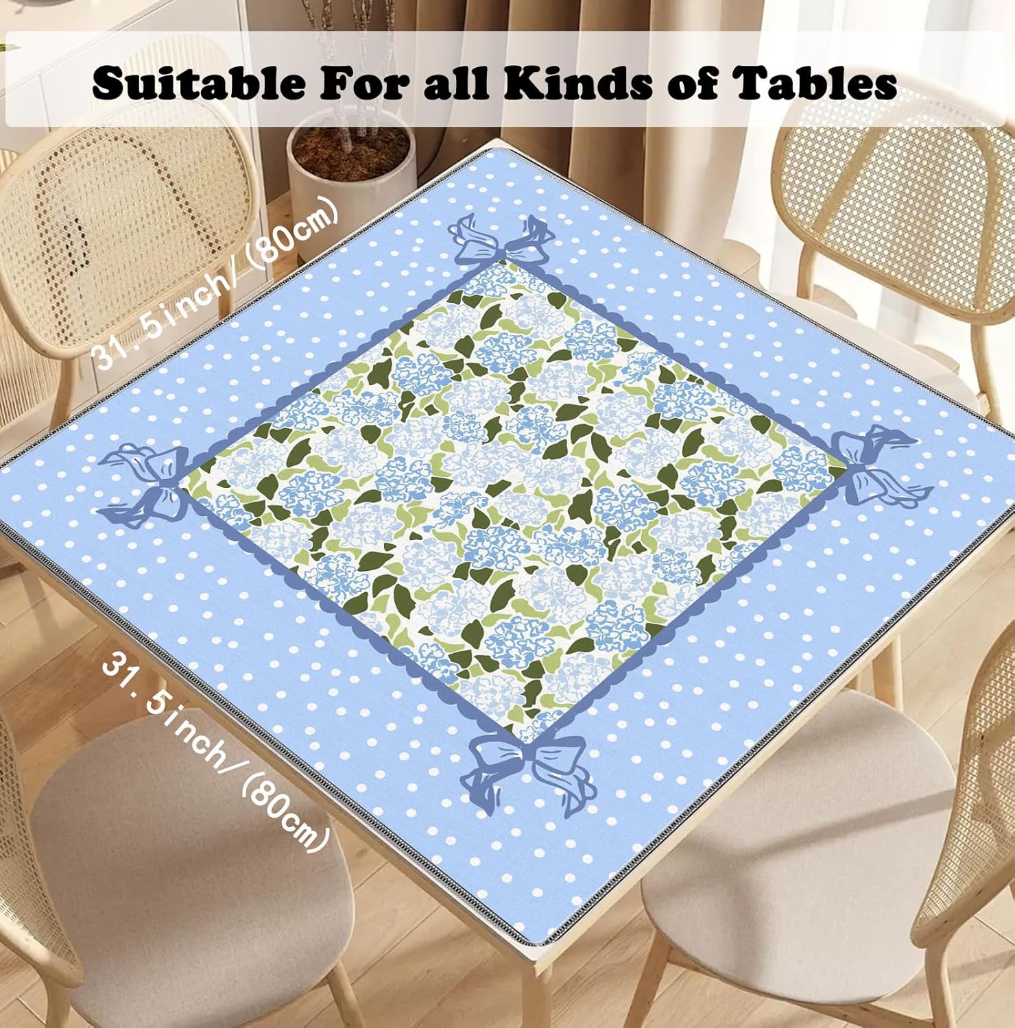 Coquette Blue Hydrangea Mahjong Mat 31.5" x 31.5",Blue and Green Floral Non-Slip Noise Reduction Mahjong Table Cover Accessories and Supplies for Dominoes Poker Card Board and Tile Games Gifts