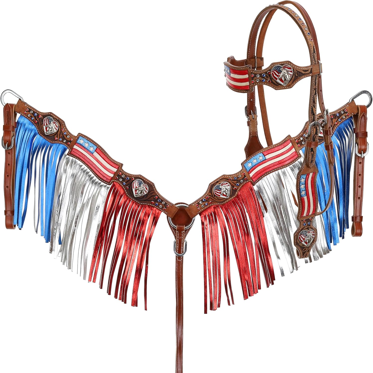 Showman Painted American Flag Headstall & Breast Collar Set w/Fringe & Reins