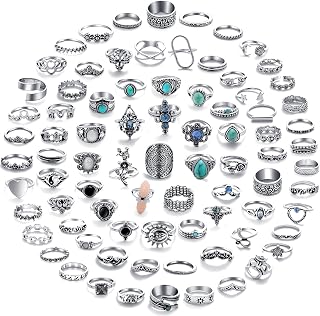 17MILE 82PCS Vintage Silver Knuckle Rings Set for Women - Bohemian Stackable Midi Joint Rings with Crystals & Stones