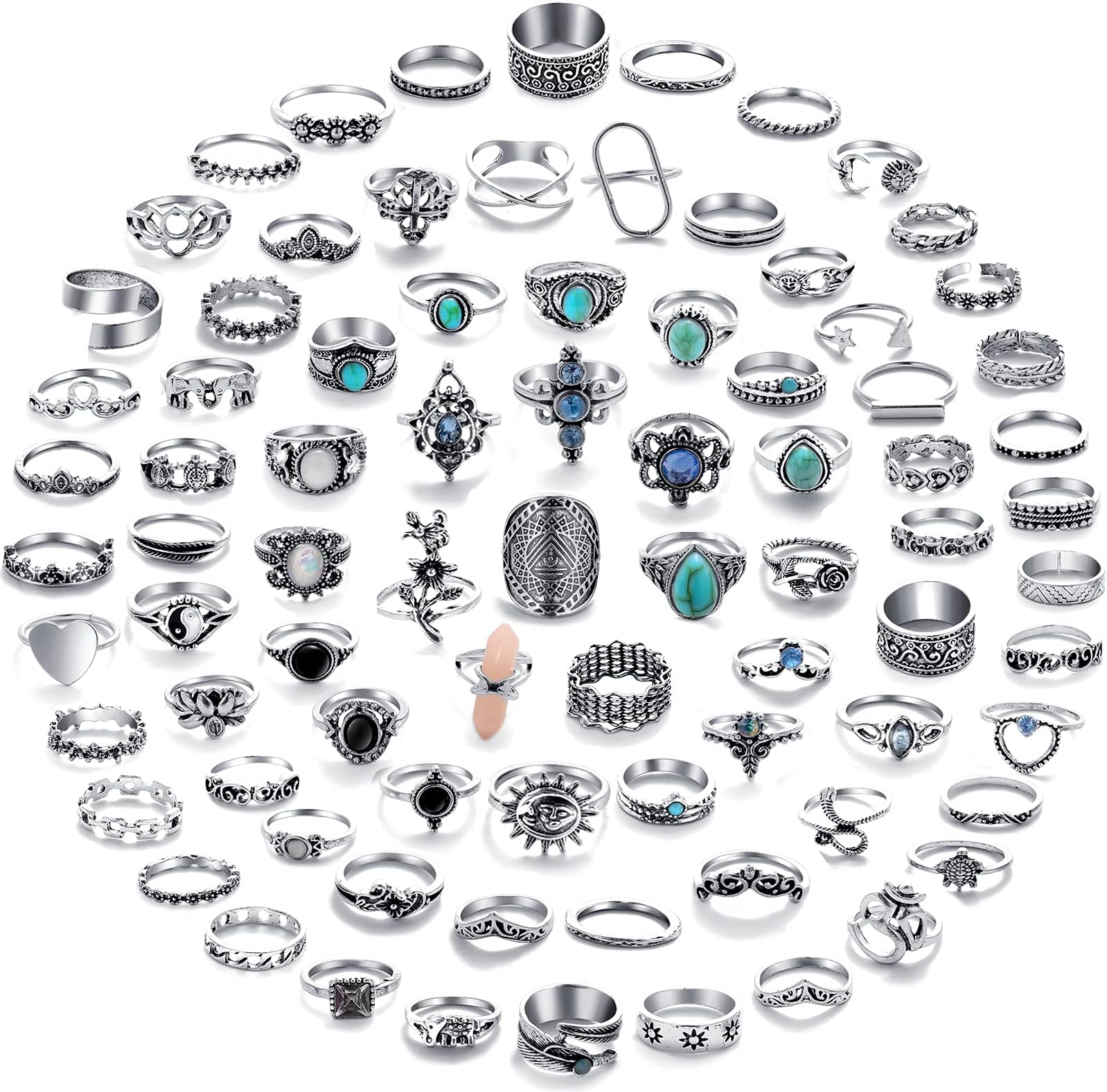 17 MILE 82個 ヴィンテージシルバーナックルリングセット レディース ボヘミアンスタッカブルジョイントフィンガーリング レトロストーンクリスタルスタッキングミディリングパック, 金属, 宝石なし