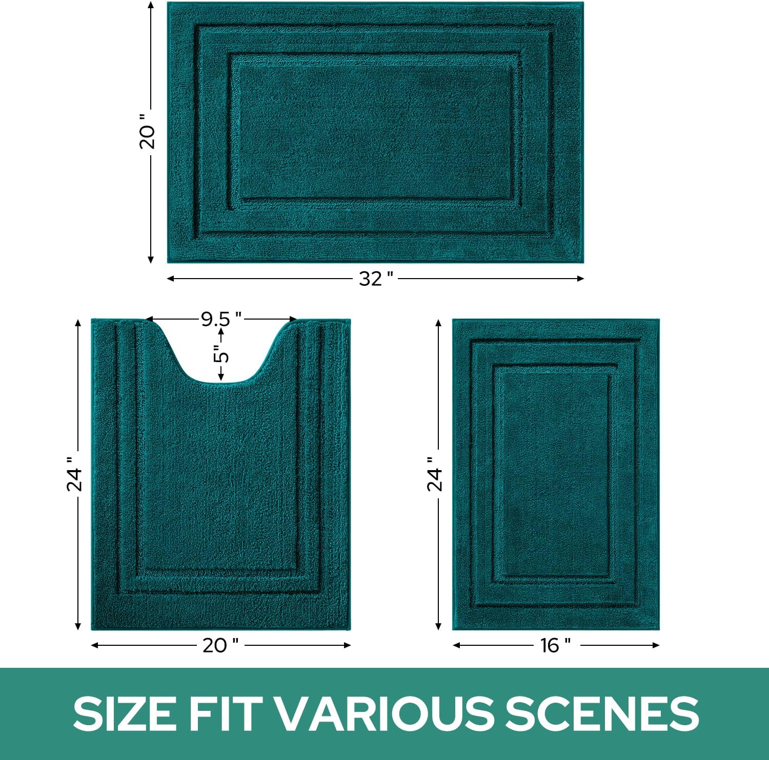 homeideas bathroom rugs sets 3 piece, super soft and absorbent non slip microfiber toilet bath mat with u-shaped (atlantic blue) 1'4" x 2'8" (16"x24"+20"x32"+u shape 20"x24") atlantic blue
