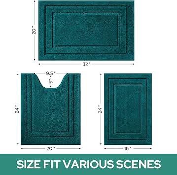 HOMEIDEAS Atlantic Blue Bathroom Rugs Set of 3, Non Slip Bath Runners