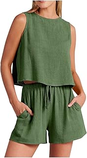 Short Sets For Women 2 Piece Vacation Outfits 2024 Summer Sleeveless Crop Top Elastic Waist Shorts Set Linen Lounge Set