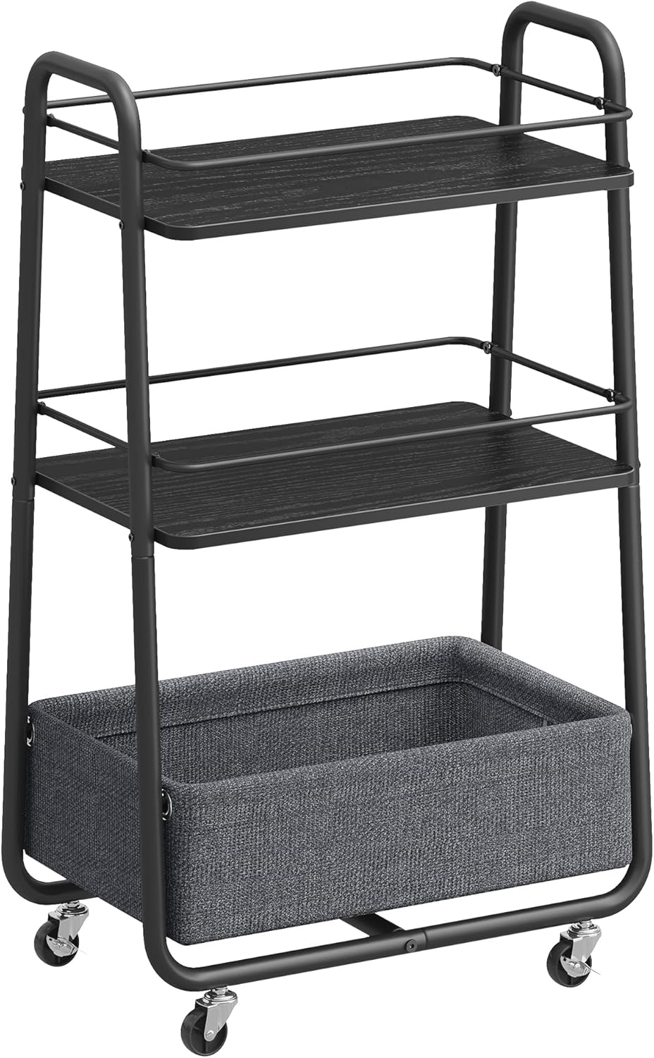 VASAGLE LILEA Collection - Storage Cart with Fabric Basket, 3-Tier Rolling Utility Cart with Wheels and Shelves, for Living Room Bedroom Kitchen, Cloud White and Camel Brown ULRC001WB01