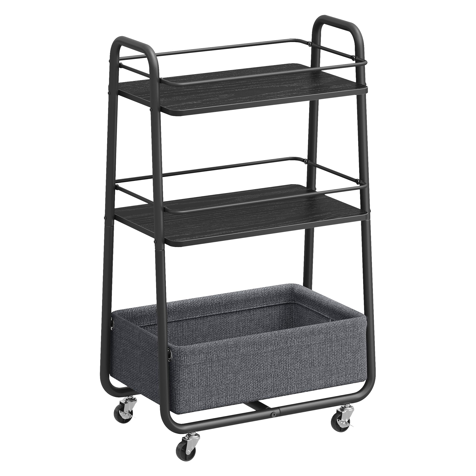 SONGMICS VASAGLE LILEA Collection - Storage Cart with Fabric Basket, 3-Tier Rolling Utility Cart with Wheels and Shelves, for Living Room Bedroom Kitchen, Ebony Black and Slate Gray ULRC001BE02