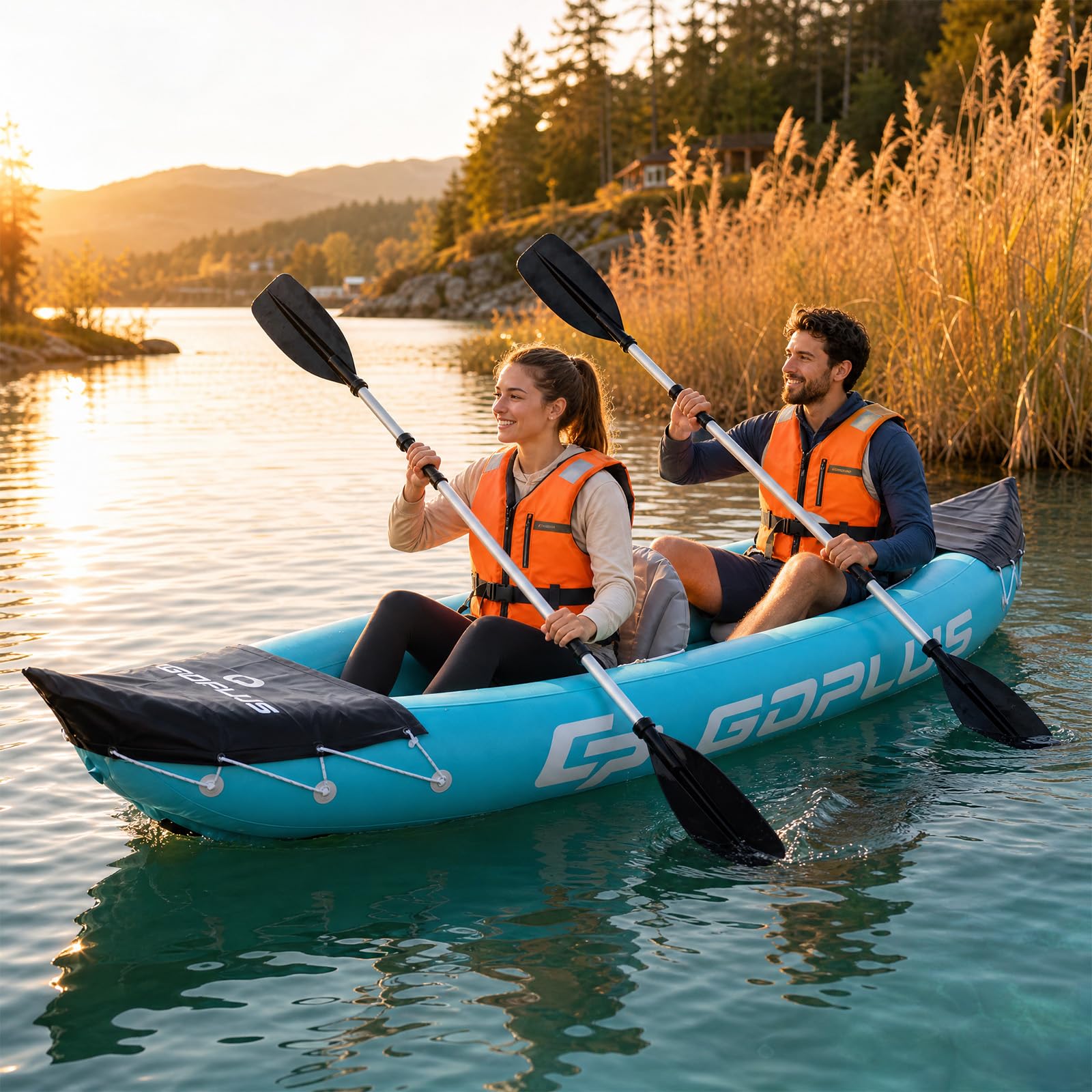 GOPLUS Kajak aufblasbar, Schlauchboot für 2 Personen mit 2 Rudern | Aufblasbares Kanu mit Handpumpe, gepolsterten Sitzen & Reparaturset, für Touren, Erkundungen, Angeln, Driften
