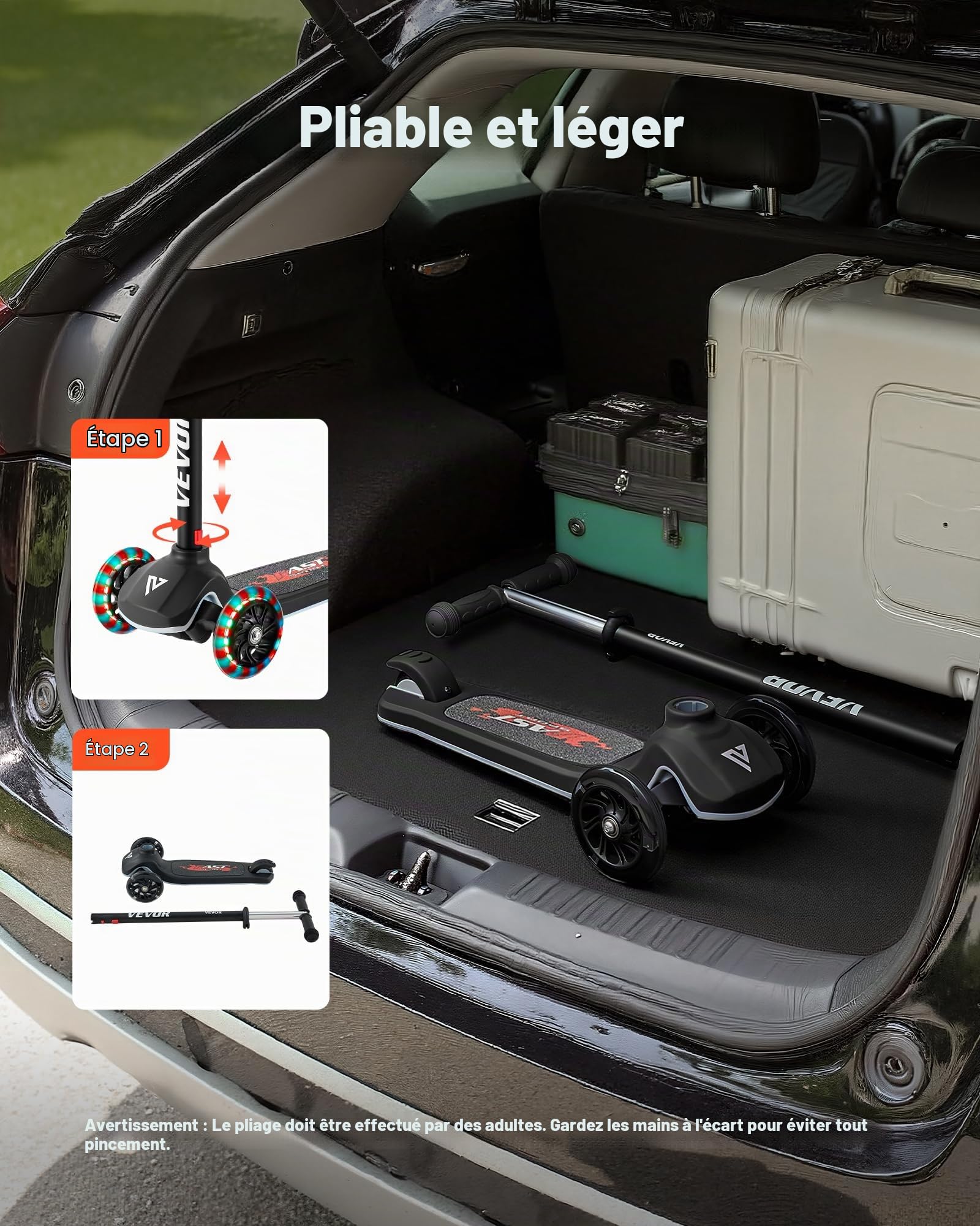 VEVOR Trottinette Enfants 3 Ans et Plus, patinette à 3 Roues avec Roues Lumineuses, Guidon réglable en Hauteur, Large Plateau antidérapant, Cadre Aluminium léger pour garçons et Filles à 74 kg, Noir