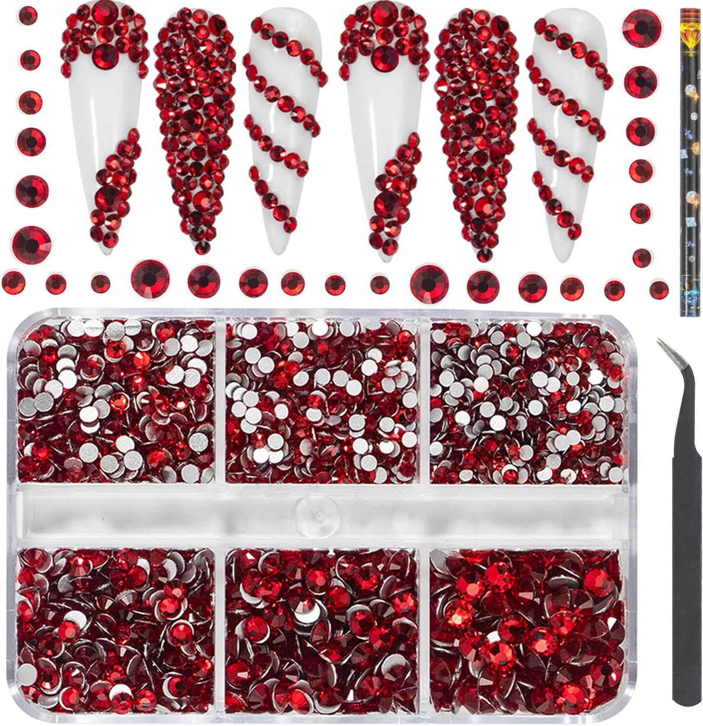 HNUIX Luxury Shini 3D Diamond Red Color Multi-Size Rhinestones Nail Charms Flat Bottom Crystals Nail Art 3D Decoration Gem Kit - (Color: Red)