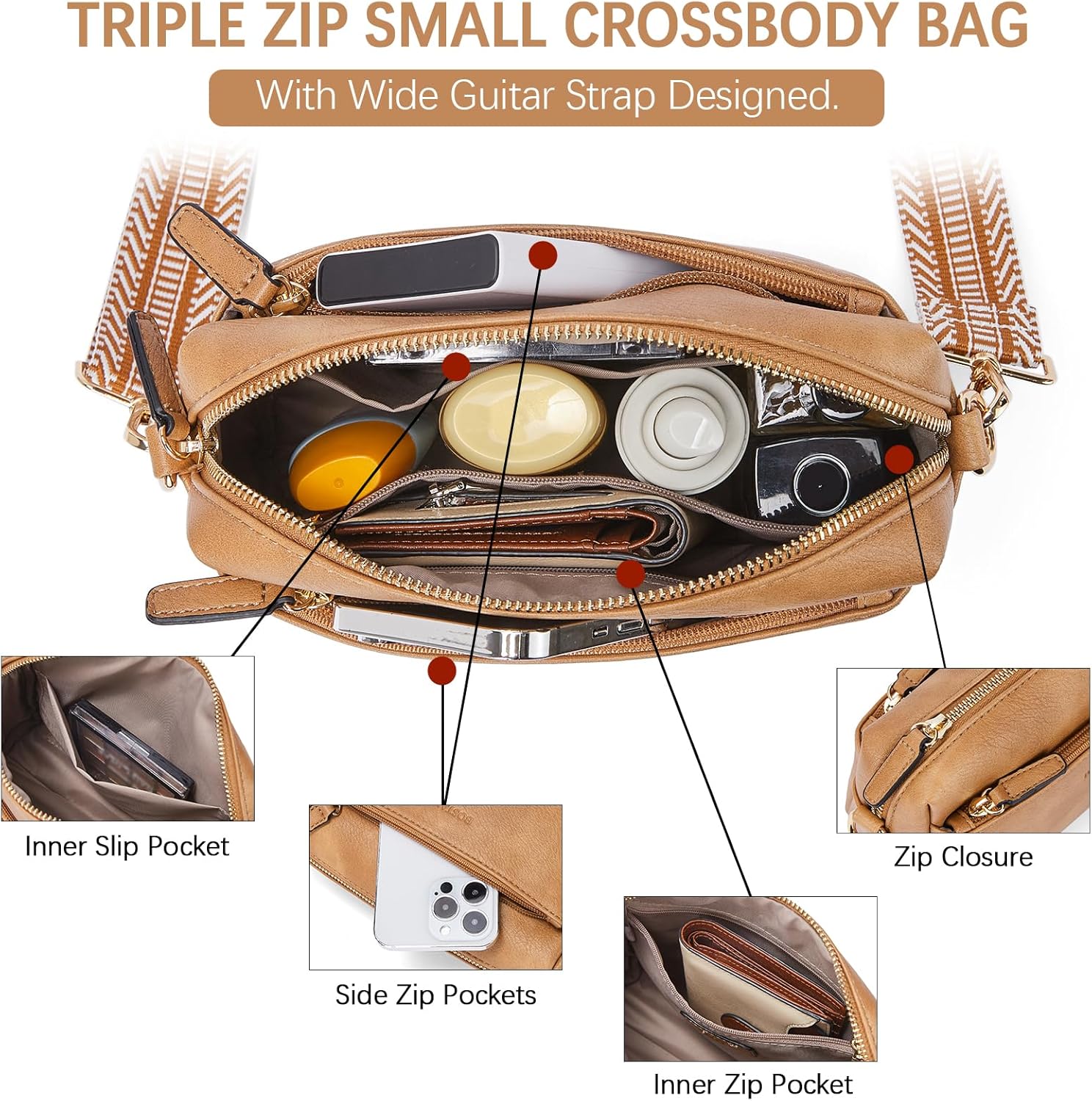 BOSTANTEN Small Crossbody Purse for Women Triple Zip Cell Phone Leather Handbag with Colored Shoulder Strap - Image 6