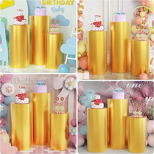Miniatura 6 de Wokceer Fundas de soporte de pedestal de cilindro para fiesta, 3 piezas, soporte de cilindro dorado de elastano para cubiertas de fiesta, soporte de