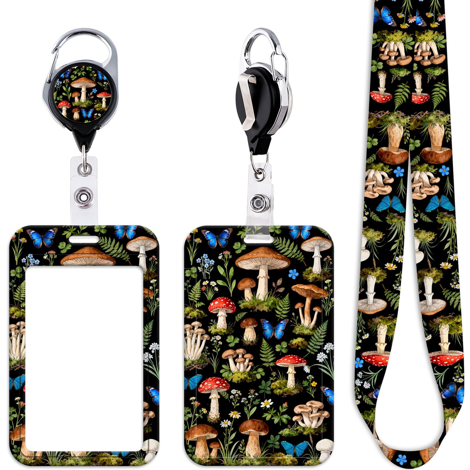Mushroom Badge Reel with Black ID Card Holder Lanyard Buttrerfly Heavy Duty Retractable ID Badge Holder Reel Clip Cute Kids Lanyard ID Holder for Keys Name Tag, for Office Nurses Staff & School ID — image 1