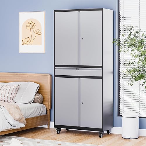 Vista 40 de Gabinete de metal de 72 pulgadas, armario de almacenamiento con bloqueo con 2 puertas y 5 estantes ajustables, gabinete de herramientas de acero