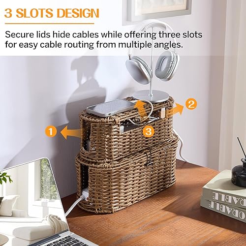 Miniatura 6 de FairyHaus Caja organizadora de cables, 2 unidades, color marrón, tejida a mano, grande y pequeña, para ocultar cables y regleta de alimentación,