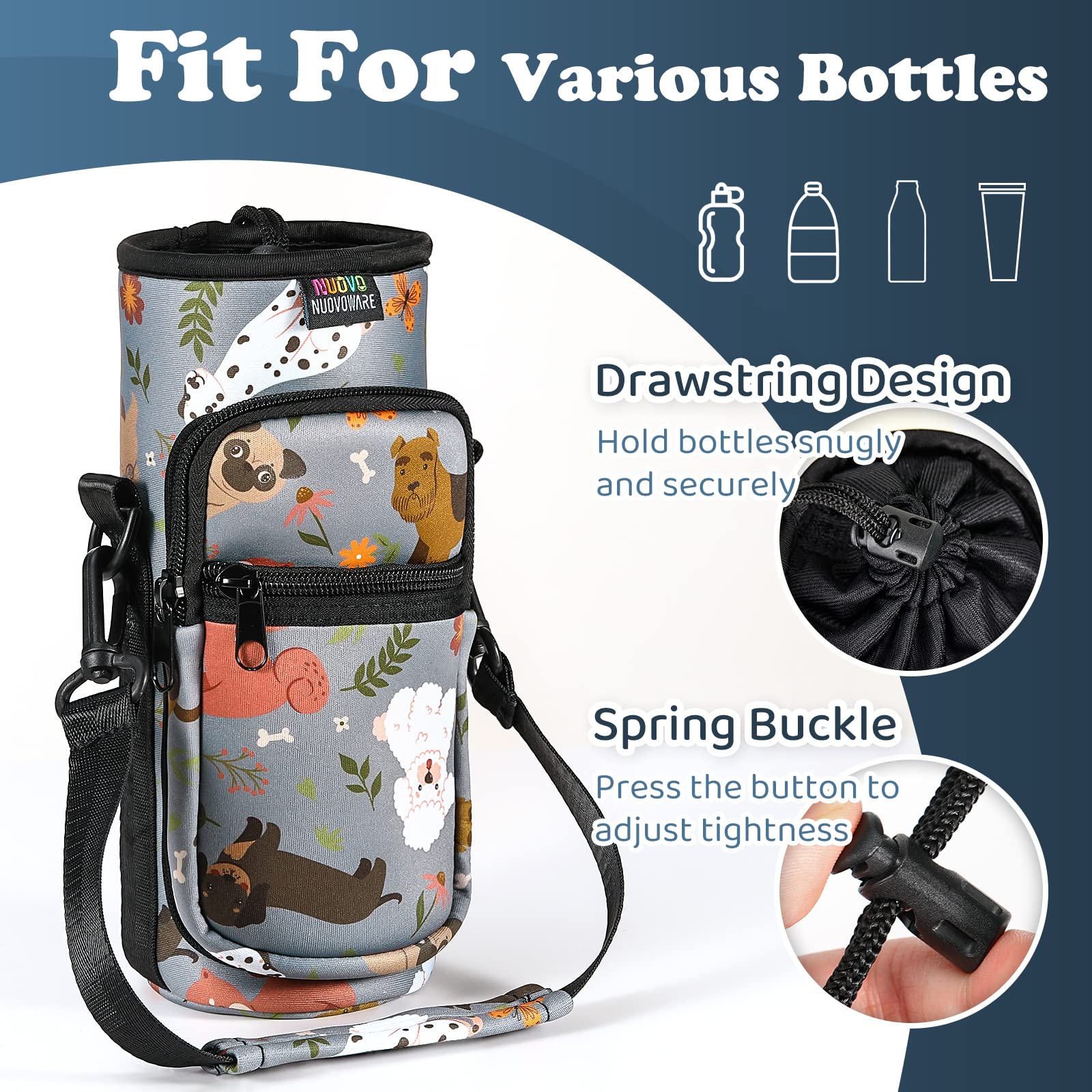 Nuovoware Water Bottle Carrier Bag, 25oz/32oz Bottle Pouch Holder, Adjustable Shoulder Hand Strap 2 Pocket Sling Neoprene Sleeve Sports Accessories for Hiking Travelling Camp, Gray Puppy