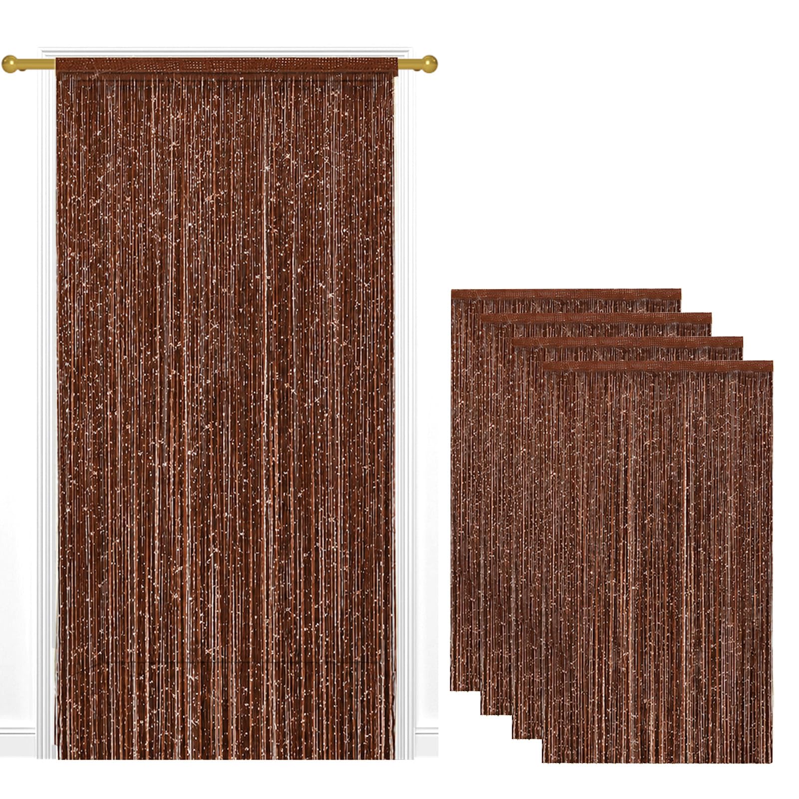 4 Pack String Door Curtains, 100 x 200 cm Glitter Fringe Panel Dark coffee — image 1