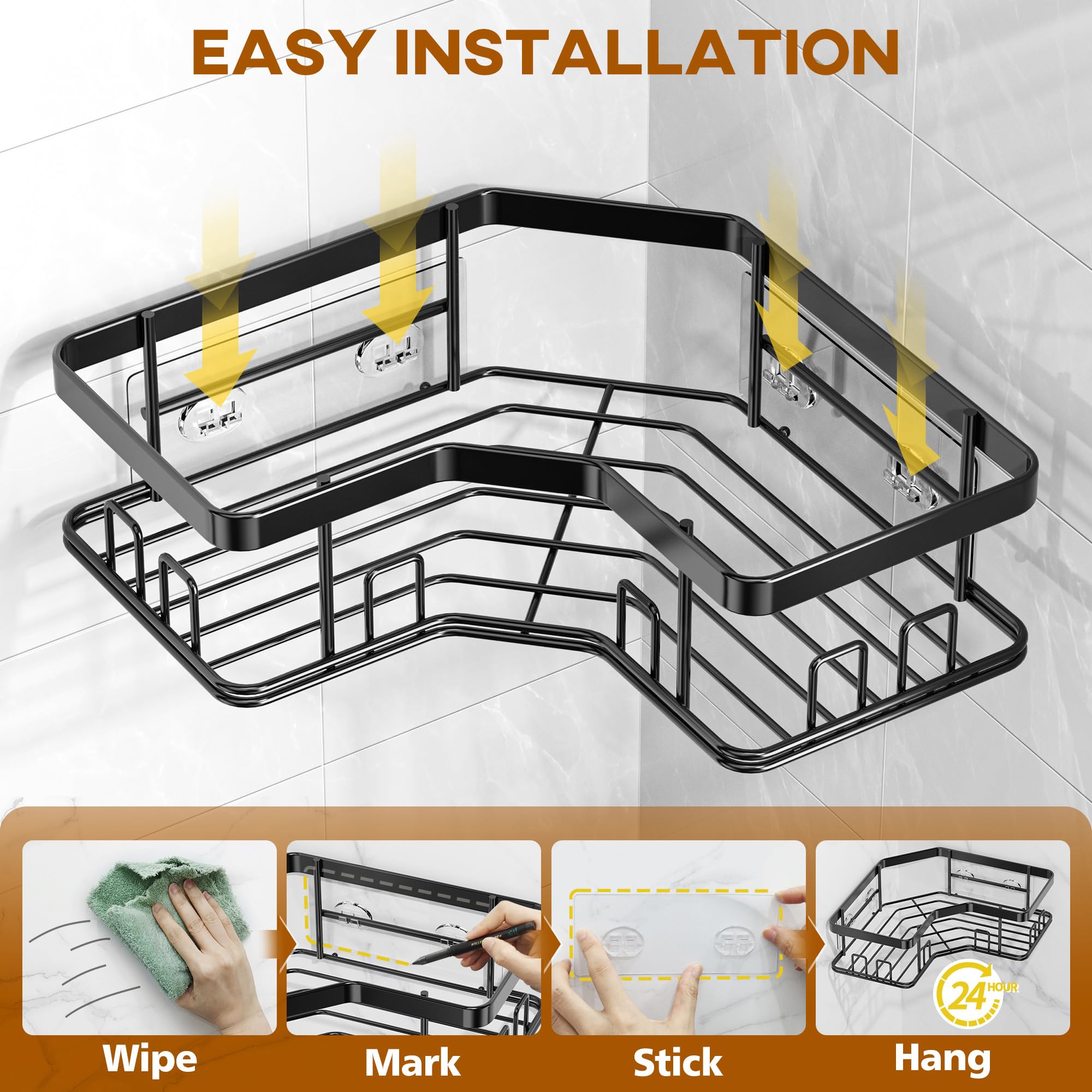 MAXIFFE 3 Pack X-Large Corner Shower Caddy with Soap Holder, Large Capacity Sturdy Easy Install No Drilling Stainless Steel Hold 40 LB Shower Organizer Shelves Rack for Family Renters Bathroom, Black
