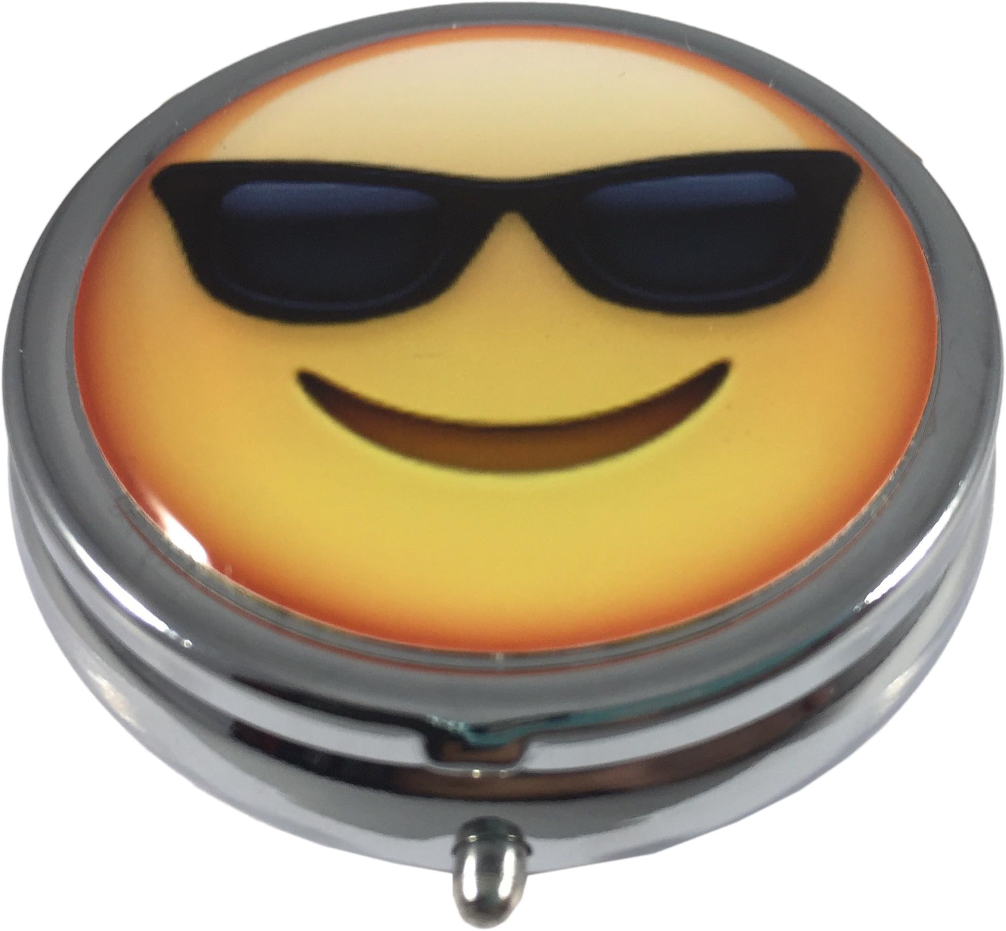 Smiling Face with Sunglasses Emoji Silver Three Compartment Pocket/Purse/Travel Pill Box Case
