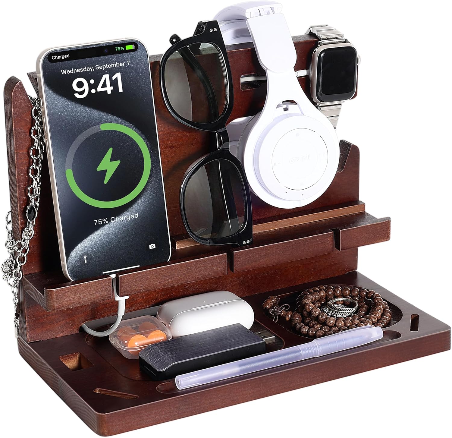 Oraich Wooden Phone Docking Station for Men, Nightstand & Desktop Organizer, Charging Stand for Phone, Watch, Wallet, ipad, Keys & Essentials
