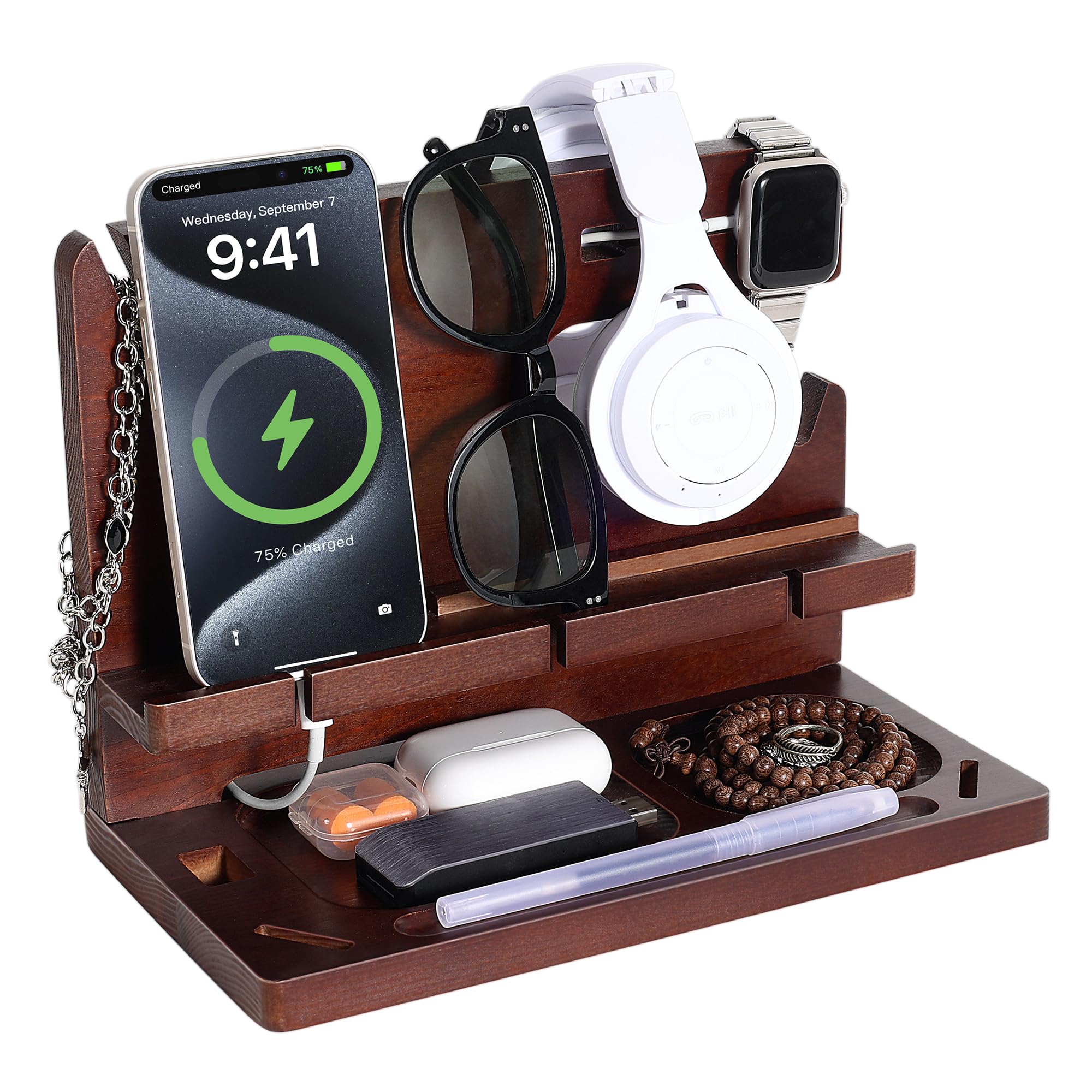 Oraich Station d'accueil de téléphone en bois pour homme, table de nuit et organisateur de bureau, support de charge pour téléphone, montre, portefeuille, clés et essentiels (version standard)