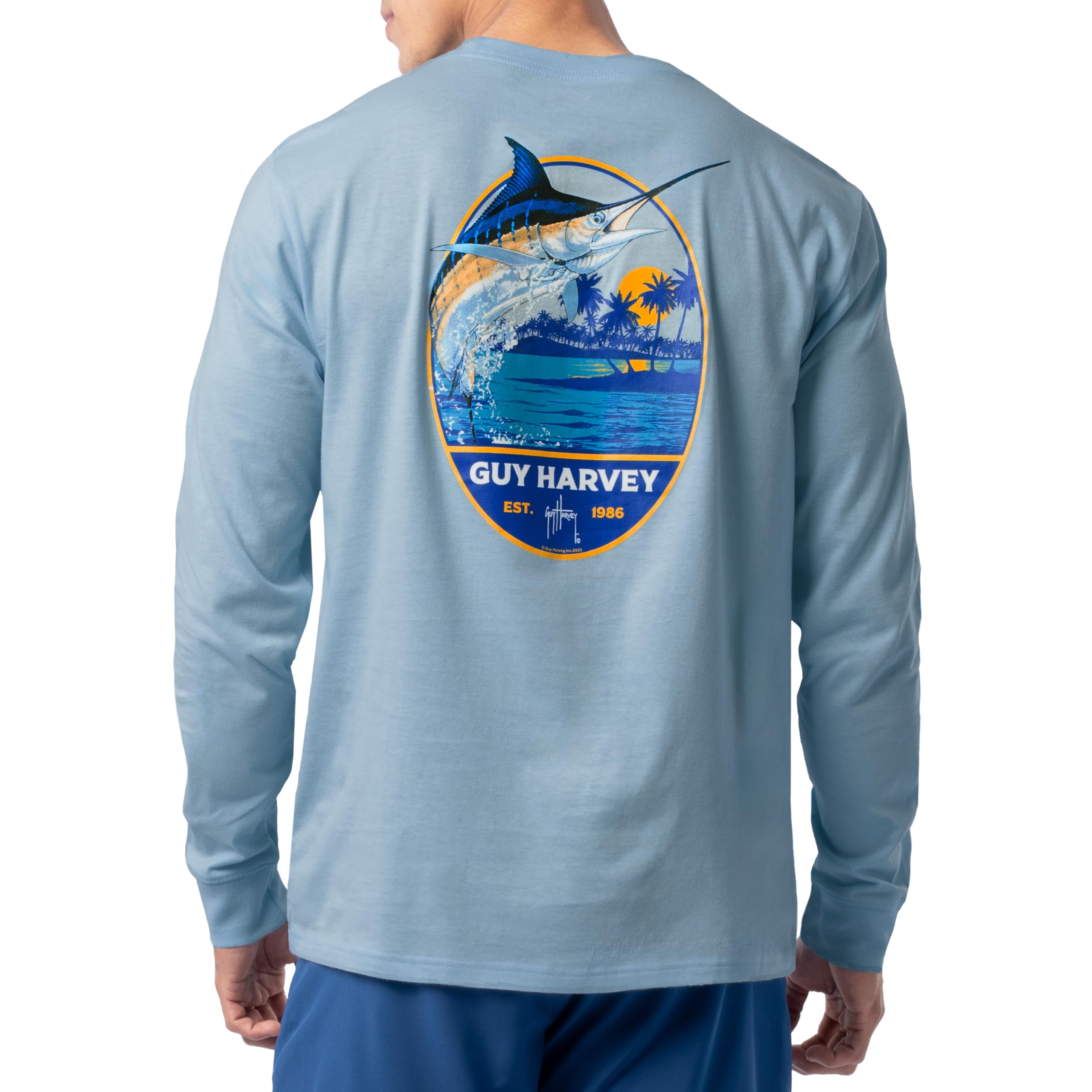 Guy Harvey Men’s Long Sleeve Lightweight Cotton Fishing Graphic T-Shirt, Clear Sky/Blue Hawaiian, XL