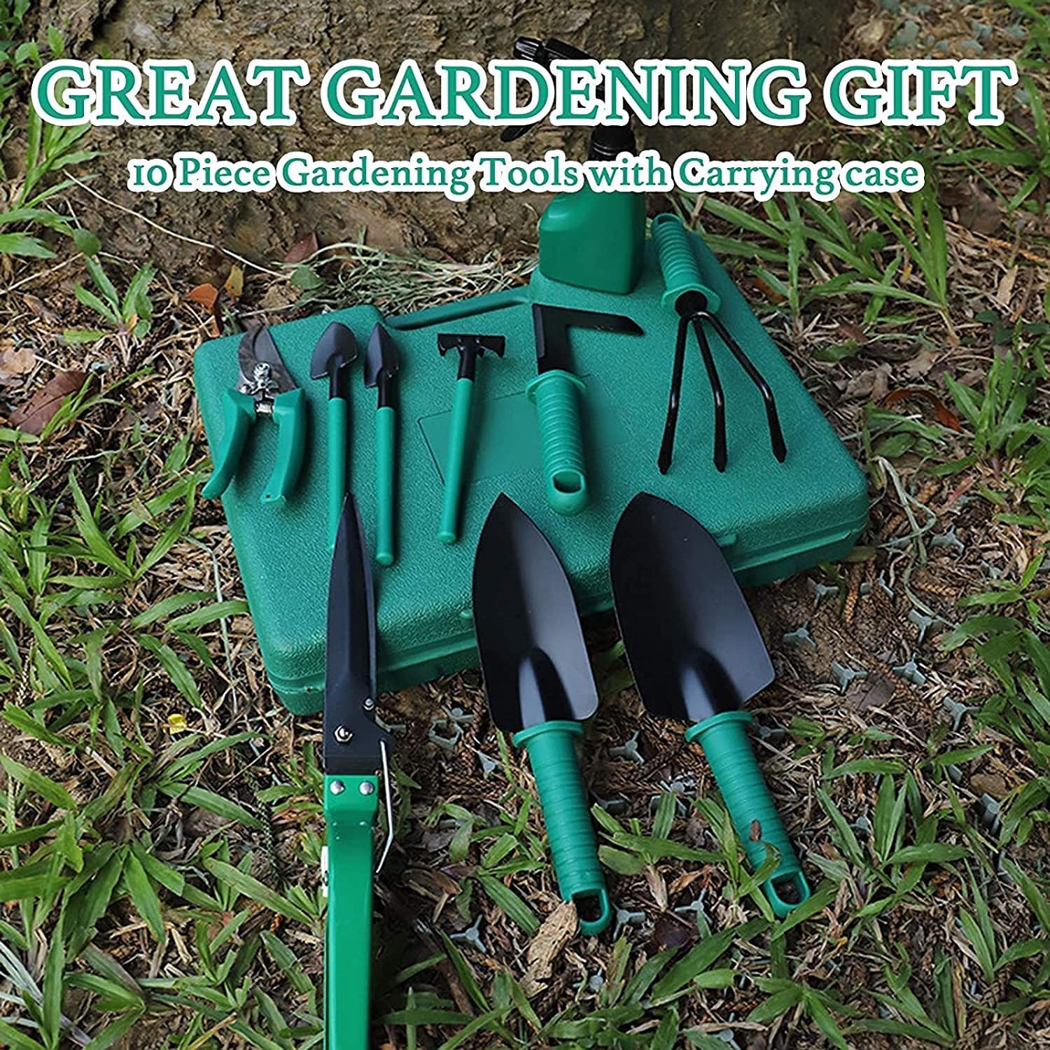 Set di Attrezzi da Giardino, 10 Pezzi Kit di Attrezzi per Piantare Giardino, Attrezzi per Bonsai da Giardino con Custodia Verde e Impugnatura Ergonomica Regali di Giardinaggio per Donne Uomini