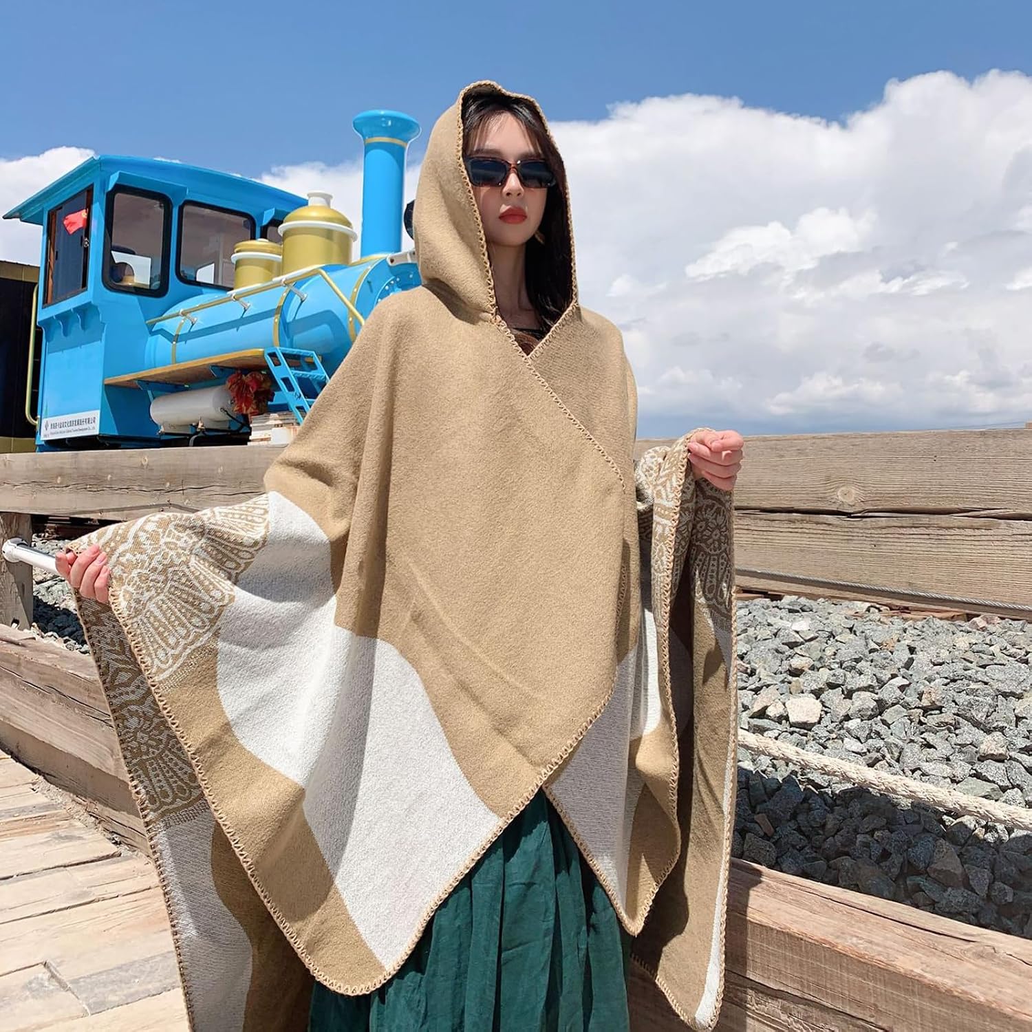 Sweater Poncho with Hood Open Front Blanket | Shawl Vintage Geometric Floral Pattern Cardigan Coat