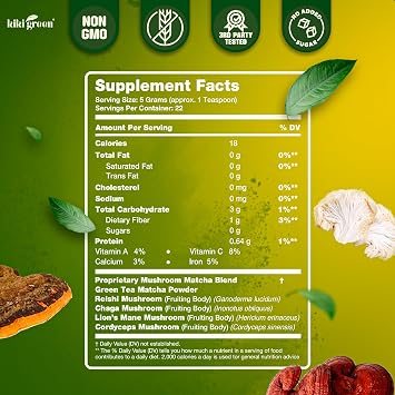 KIKI Green Mushroom Matcha Powder Super Blend 4 oz - Mushroom Coffee Alternative for Better Energy, Focus, Immunity - with Lion's Mane, Chaga, Reishi, Cordyceps