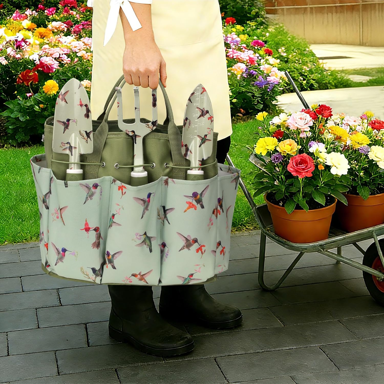 Garden Tool Set with Hummingbird Print, Heavy Duty Gardening Hand Tools with Garden Tool Bag,Gardening Gifts for Women&Men,Green