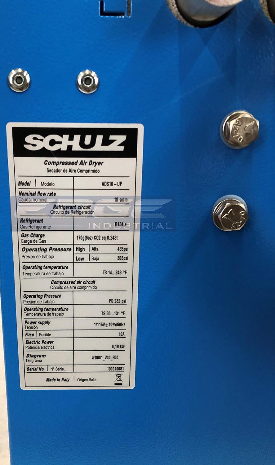 SCHULZ REFRIGERATED AIR DRYER FOR AIR COMPRESSOR, COMPRESSED AIR SYSTEMS, 10 CFM, FOR 2 & 3 HP COMPRESSORS (WITH PRE-FILTER)