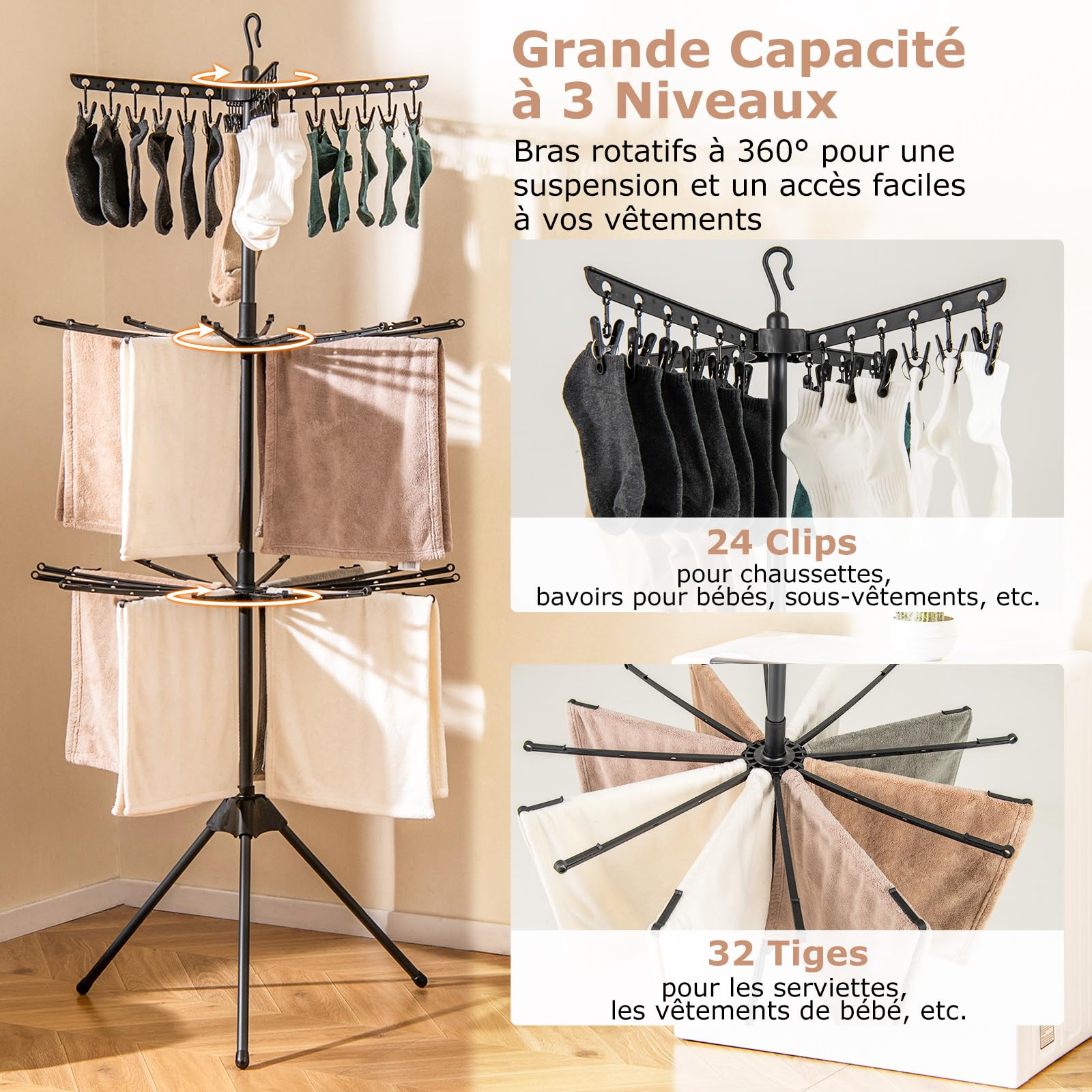 COSTWAY Etendoir Linge Pliable 3 Niveaux, Etendoir Chaussette à Suspendre avec 24 Pinces, 32 Barres avec Boucle de Fixation, Trépied, Sechoir a Linge Rotatif Pliant pour Interieur Extrerieur