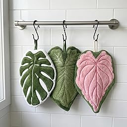 Sisher 3 Pack Leaf Shaped Hanging Kitchen Towels with S Hanging Loop,Cute Coral Fleece Tropical Plant Hand Towel, Absorbent, Quick-Drying, and Lint-Free,for Bath/Kitchen/Living Room(Green+Pink+White)