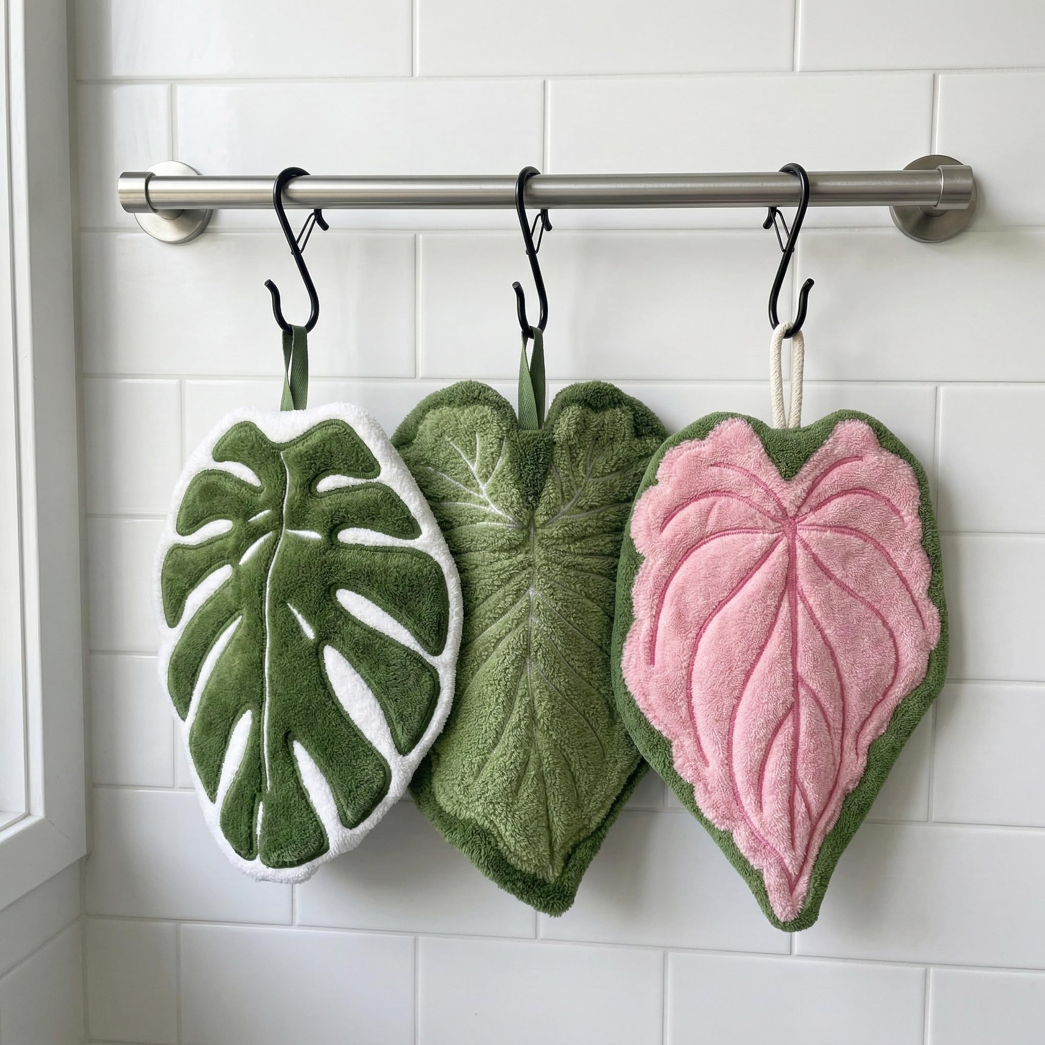 Sisher 3 Pack Leaf Shaped Hanging Kitchen Towels with S Hanging Loop,Cute Coral Fleece Tropical Plant Hand Towel, Absorbent, Quick-Drying, and Lint-Free,for Bath/Kitchen/Living Room(Green+Pink+White) - 1