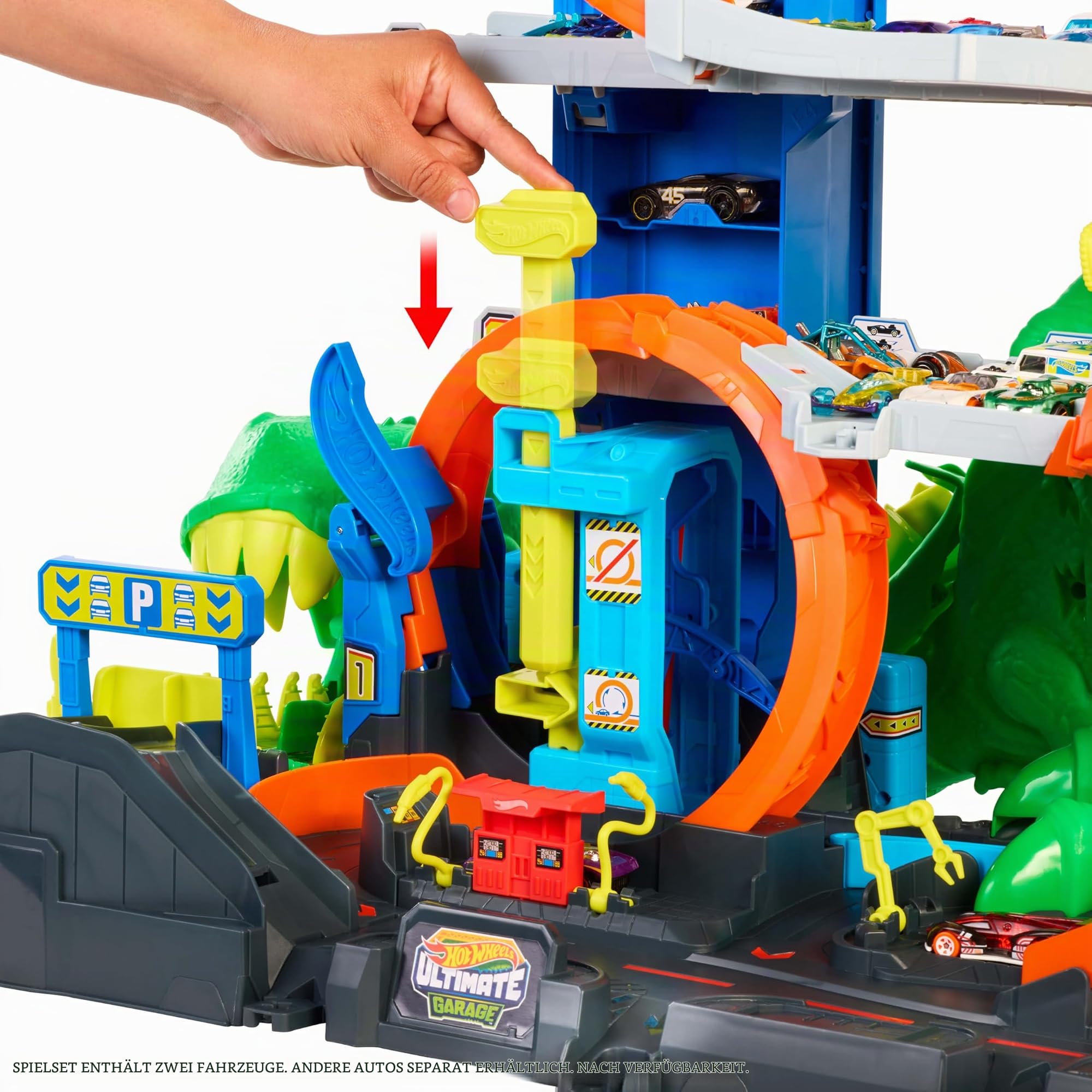 Hot Wheels City Ultimative T-Rex Garage und 2 Druckguss-Spielzeugautos