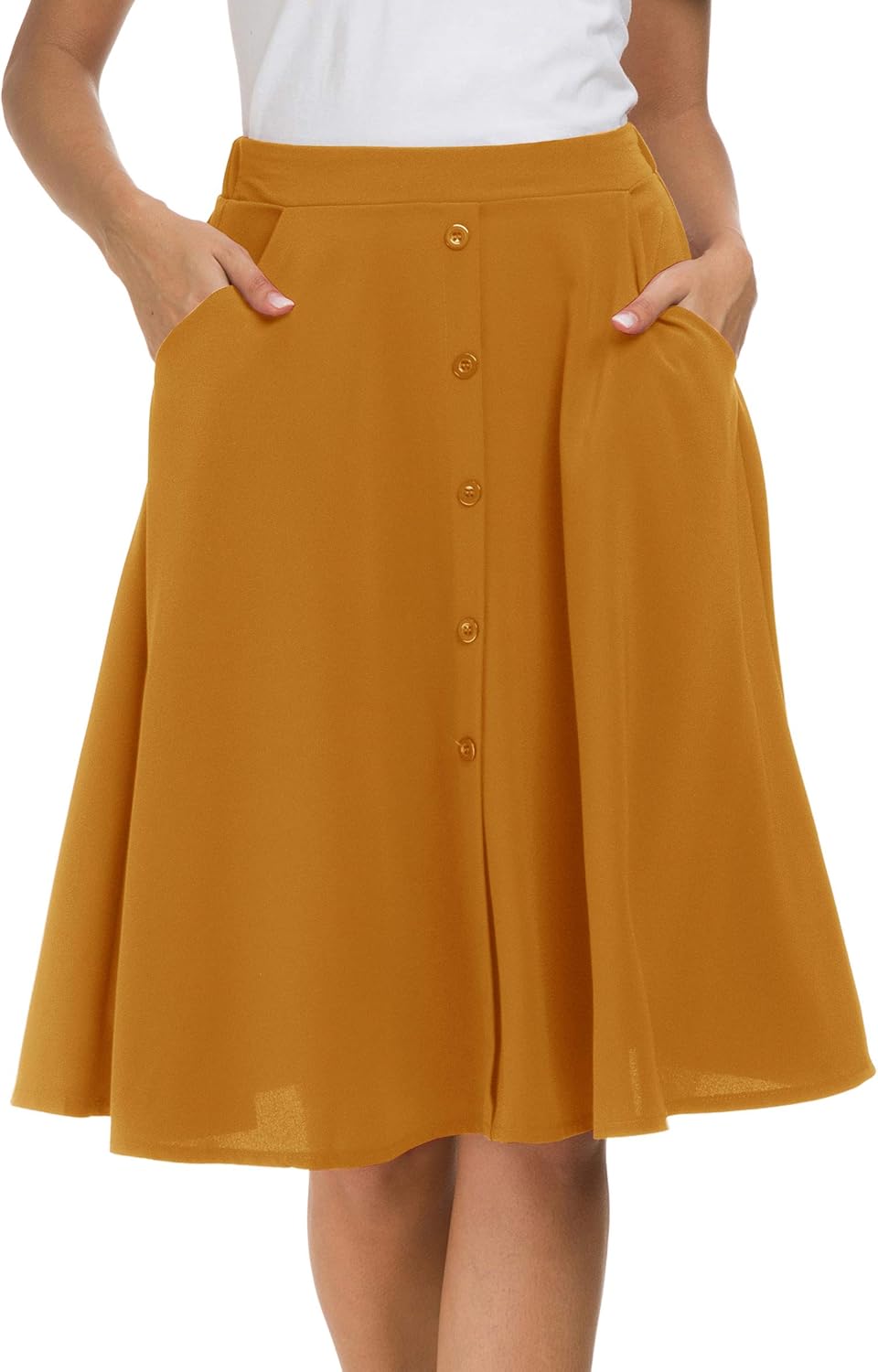 Afibi Womens High Waisted A Line Pleated Midi Skirt Button Front Skirts with Pocket - Image 3
