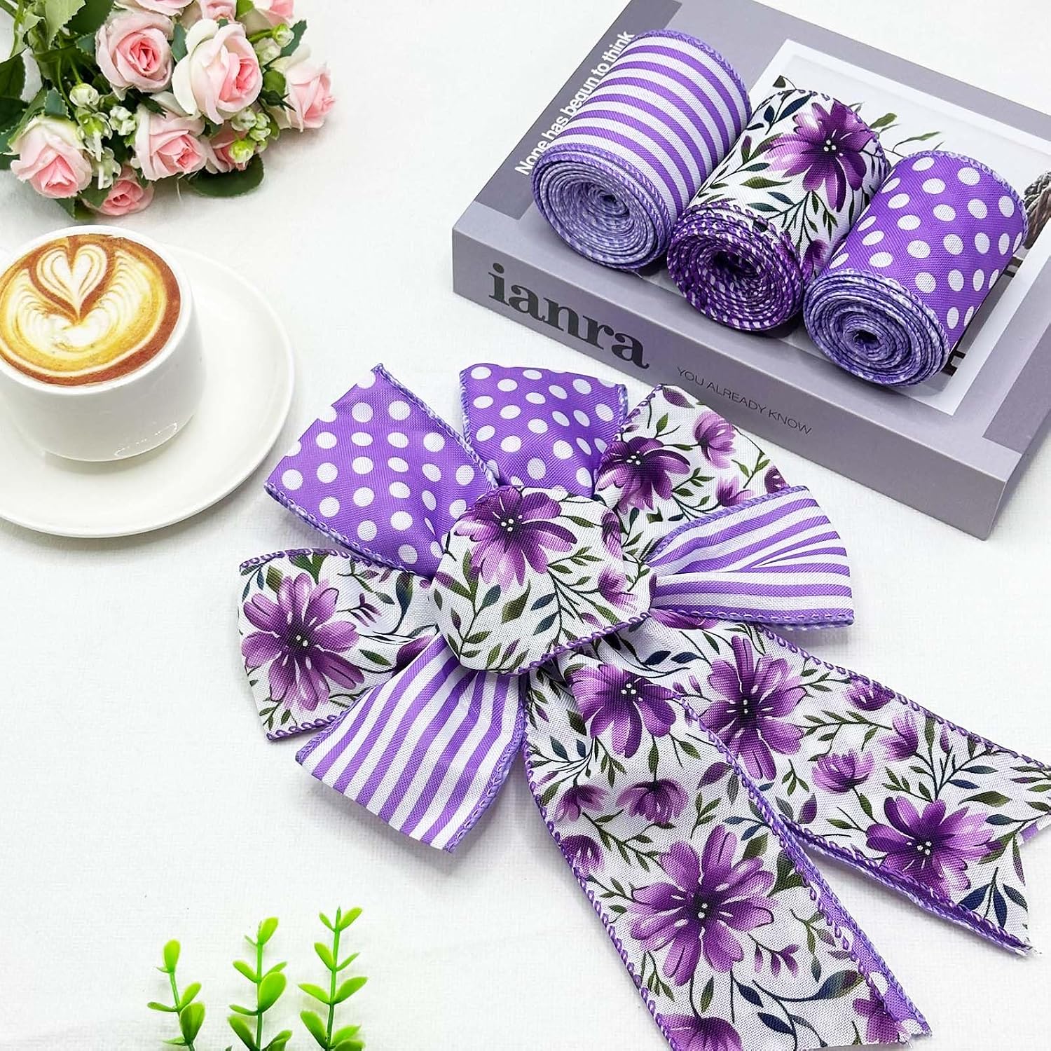 2.5 Inch Purple Wired Ribbon Roll with Floral, Stripe & Polka Dot Patterns – Perfect for Gift Wrapping, DIY Bows, Party, Wedding, Craft Projects, Holiday Decorations,3 Rolls, 5 Yards Each
