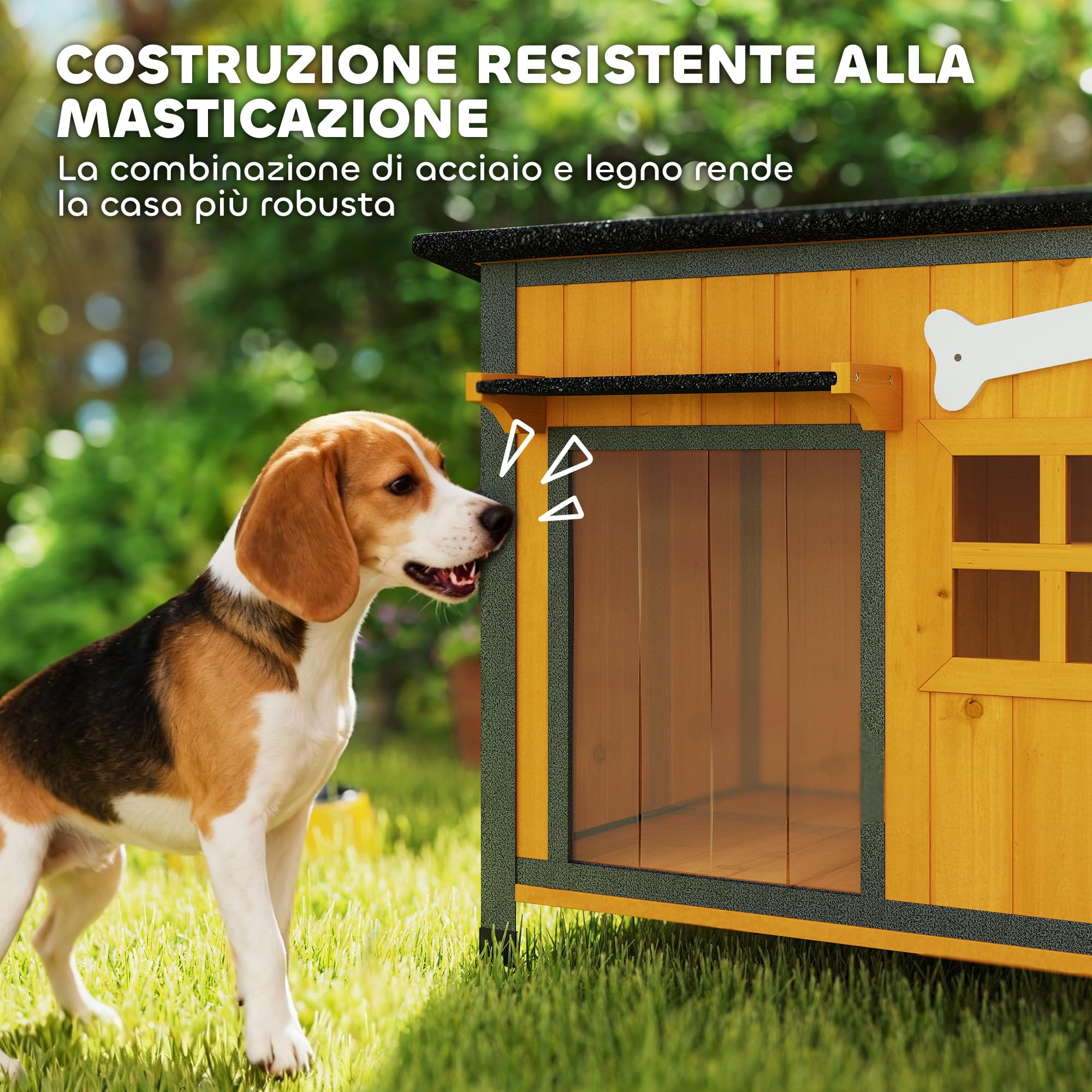 PawHut Cuccia per Cani da Esterno in Legno e Acciaio Anti-Morso, Casetta per Cani Rialzato con Tetto Spiovente Apribile e Impermeabile, Pavimento Rimovibile, Tenda per Porta, Tettoia, 84.5x62x65 cm