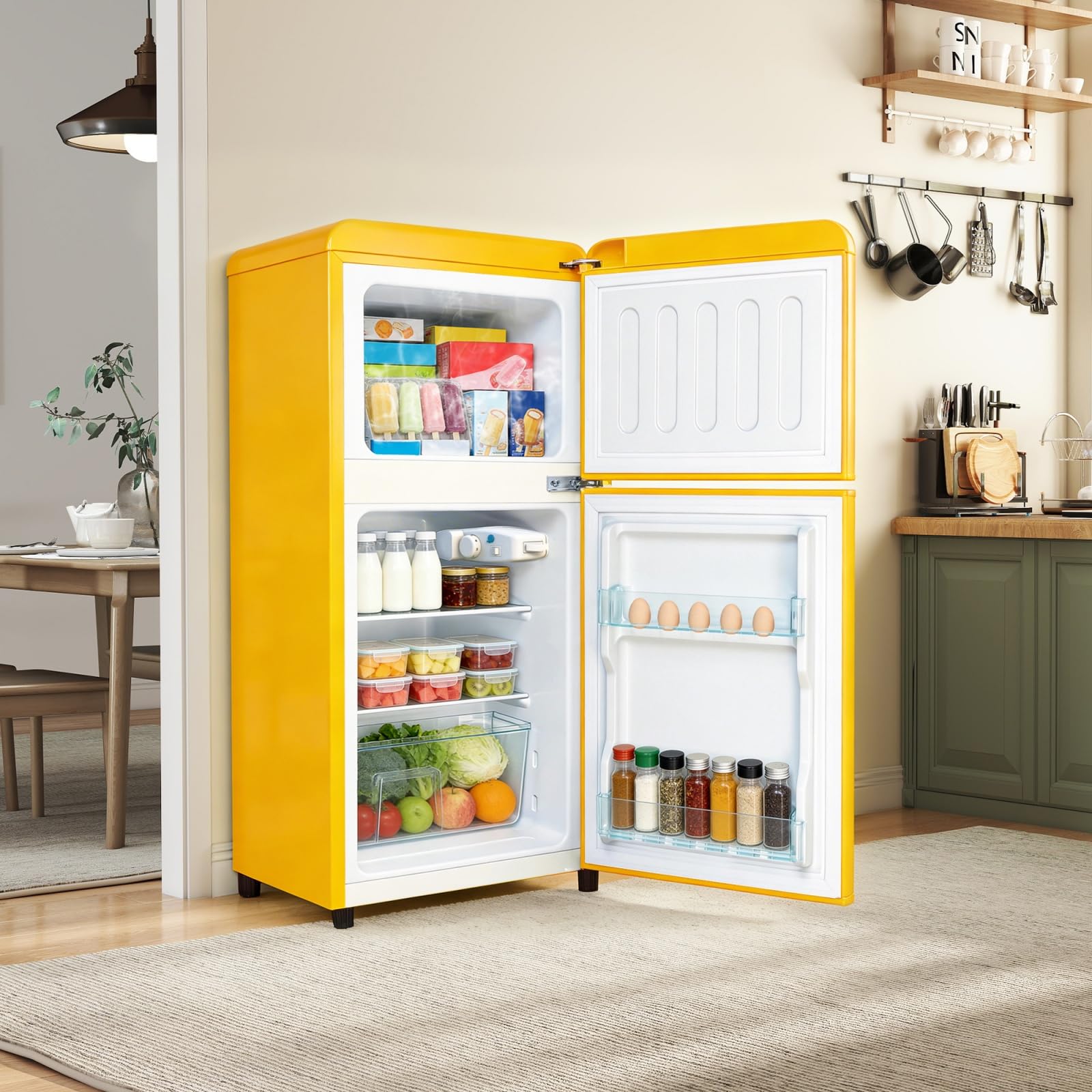 Mini Frigo Congélateur Combiné 2 Portes 60 L Compact 41 cm (Jaune) | -18°C freezer, 45 dB silencieux, 7 niveaux 0-10°C, LED, étagères réglables, pour Chambre, Bureau et Salon, 41×45×89 cm