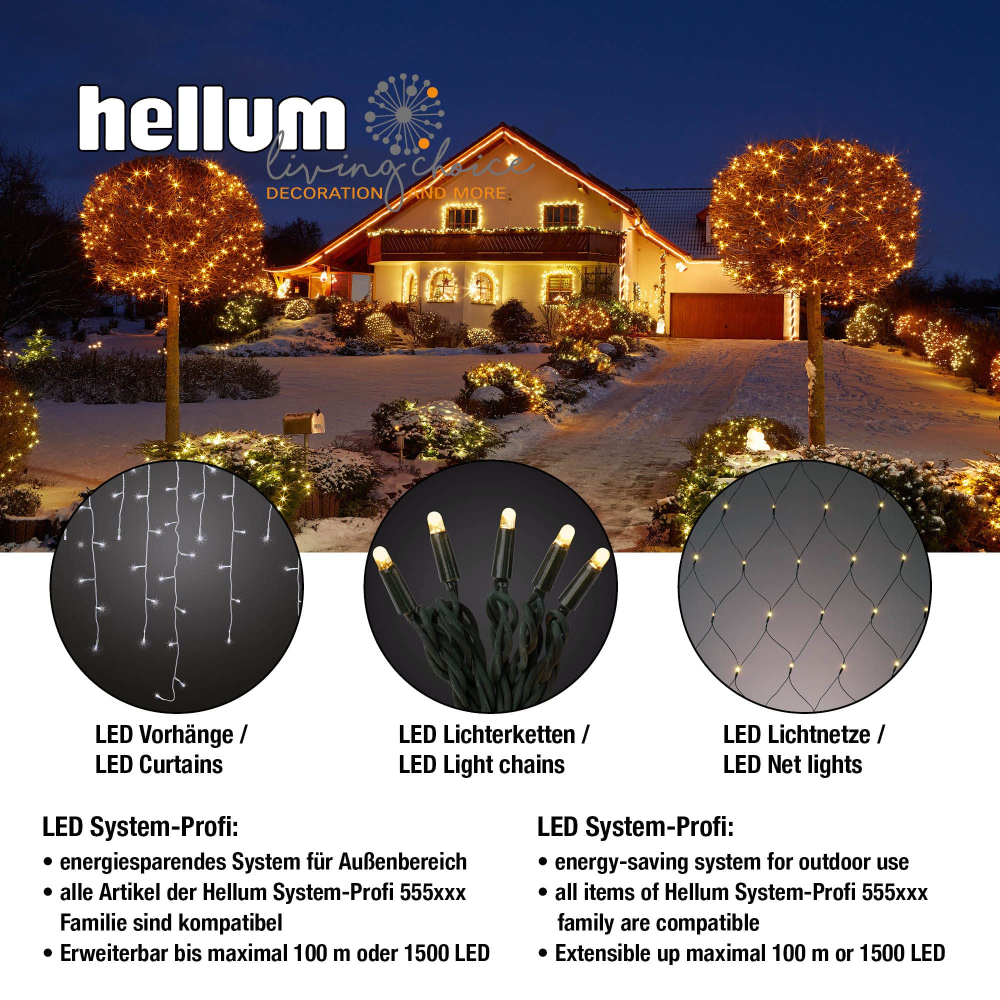 hellum Catena luminosa a LED per esterni, allungabile, con presa, set di prolunga senza cavo di alimentazione, 7,9 m, 80 LED, luce bianca calda, cavo verde, illuminazione natalizia per giardino, festa